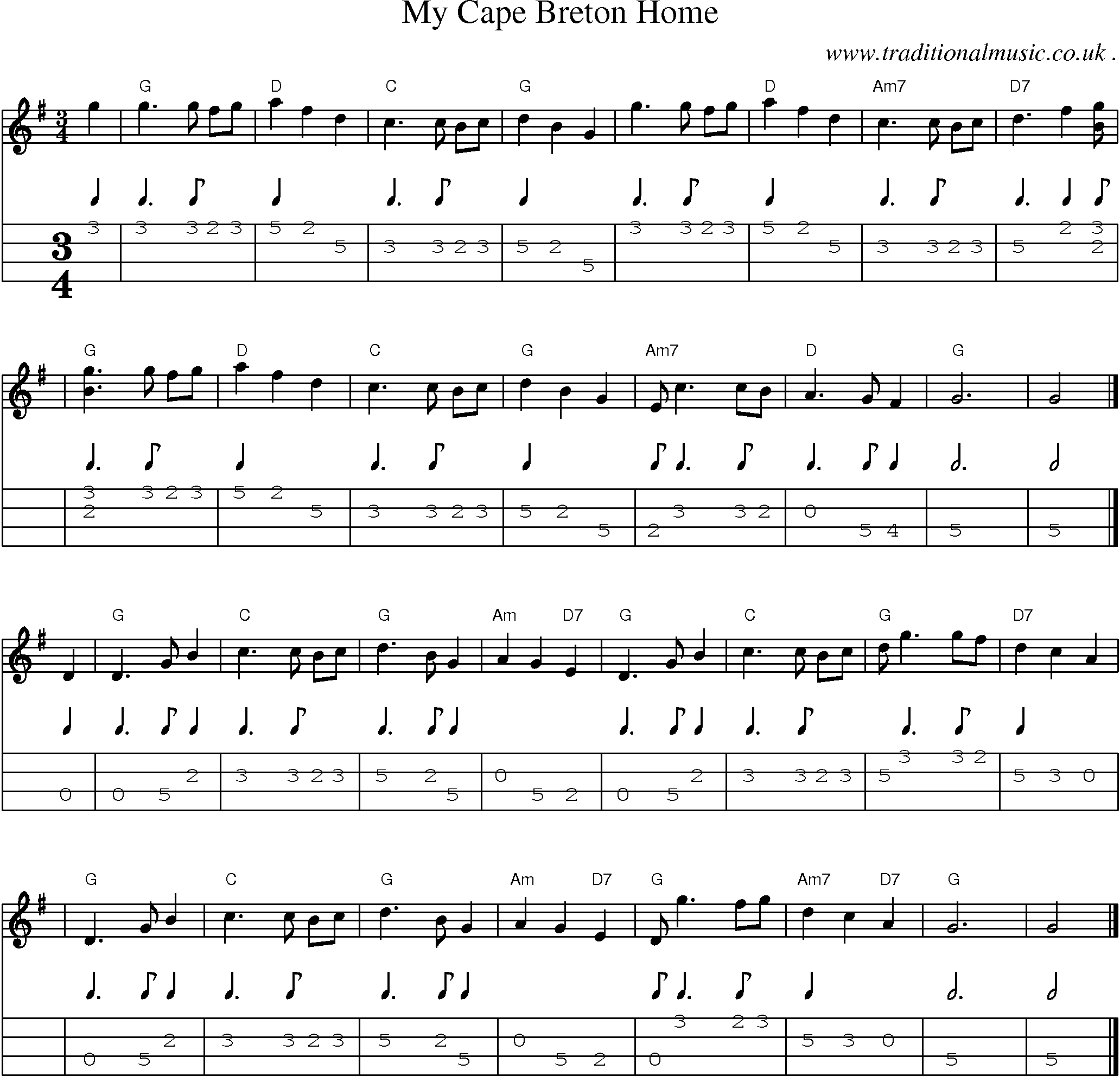 Sheet-music  score, Chords and Mandolin Tabs for My Cape Breton Home
