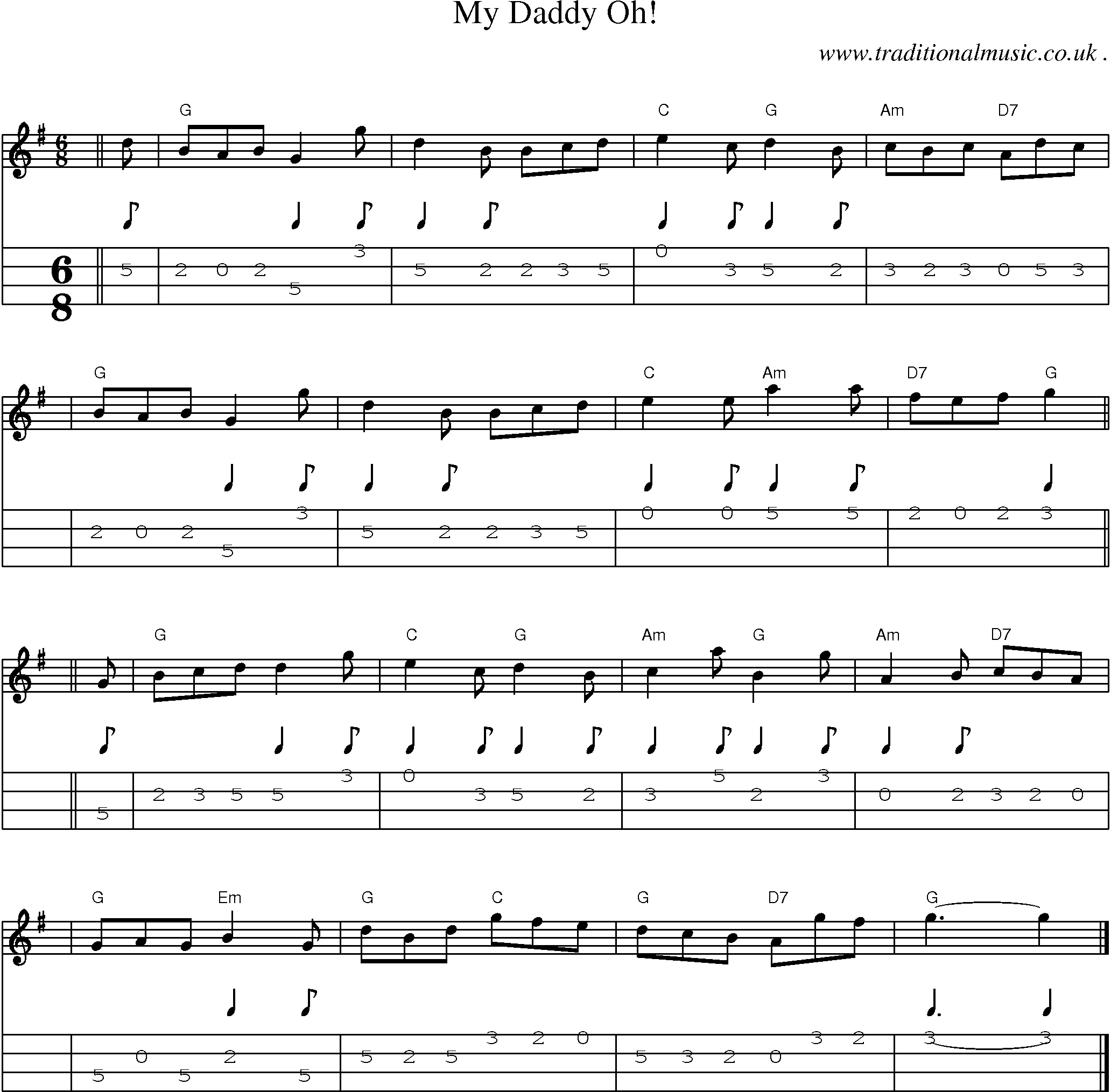 Sheet-music  score, Chords and Mandolin Tabs for My Daddy Oh!