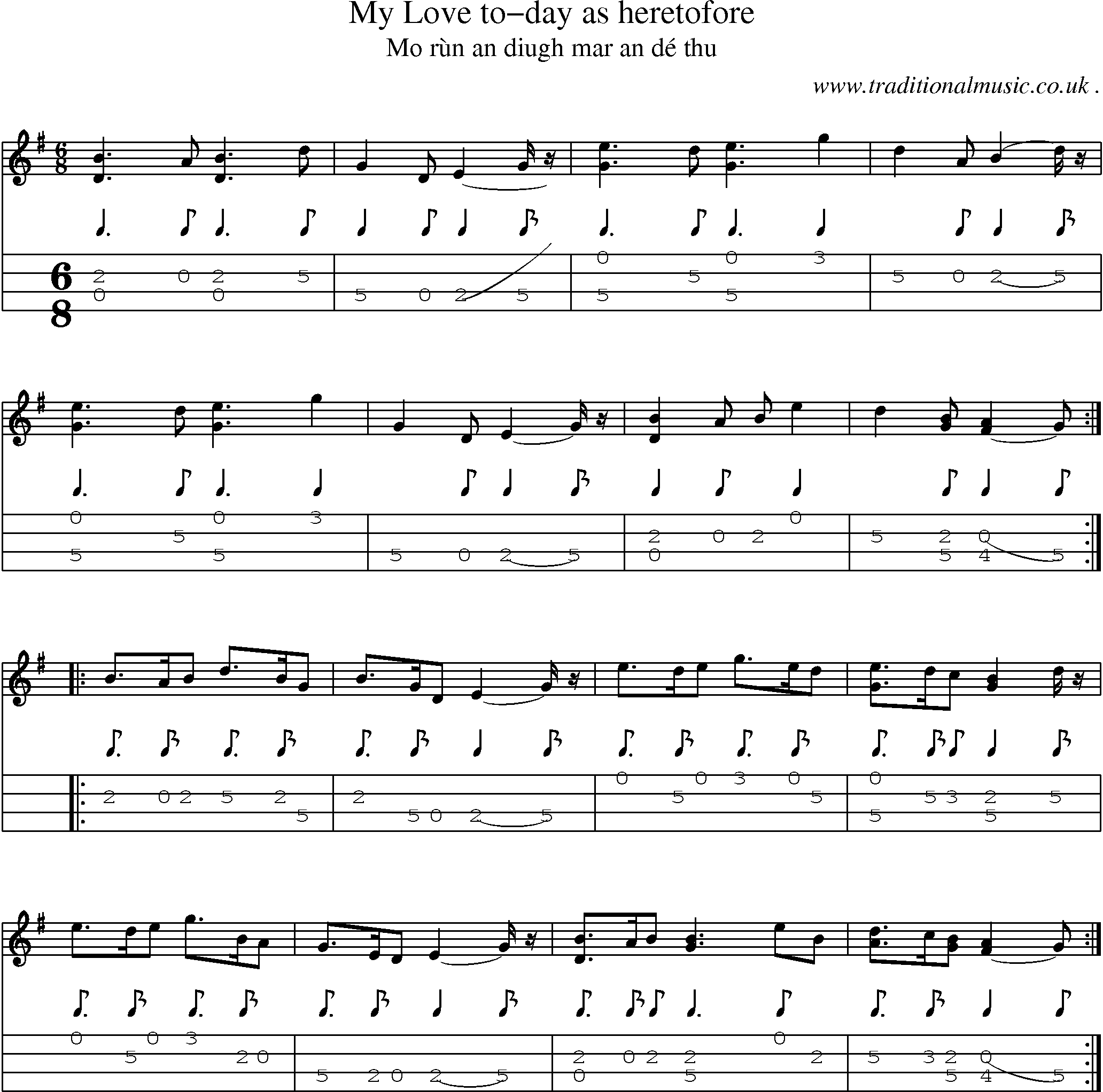 Sheet-music  score, Chords and Mandolin Tabs for My Love To-day As Heretofore