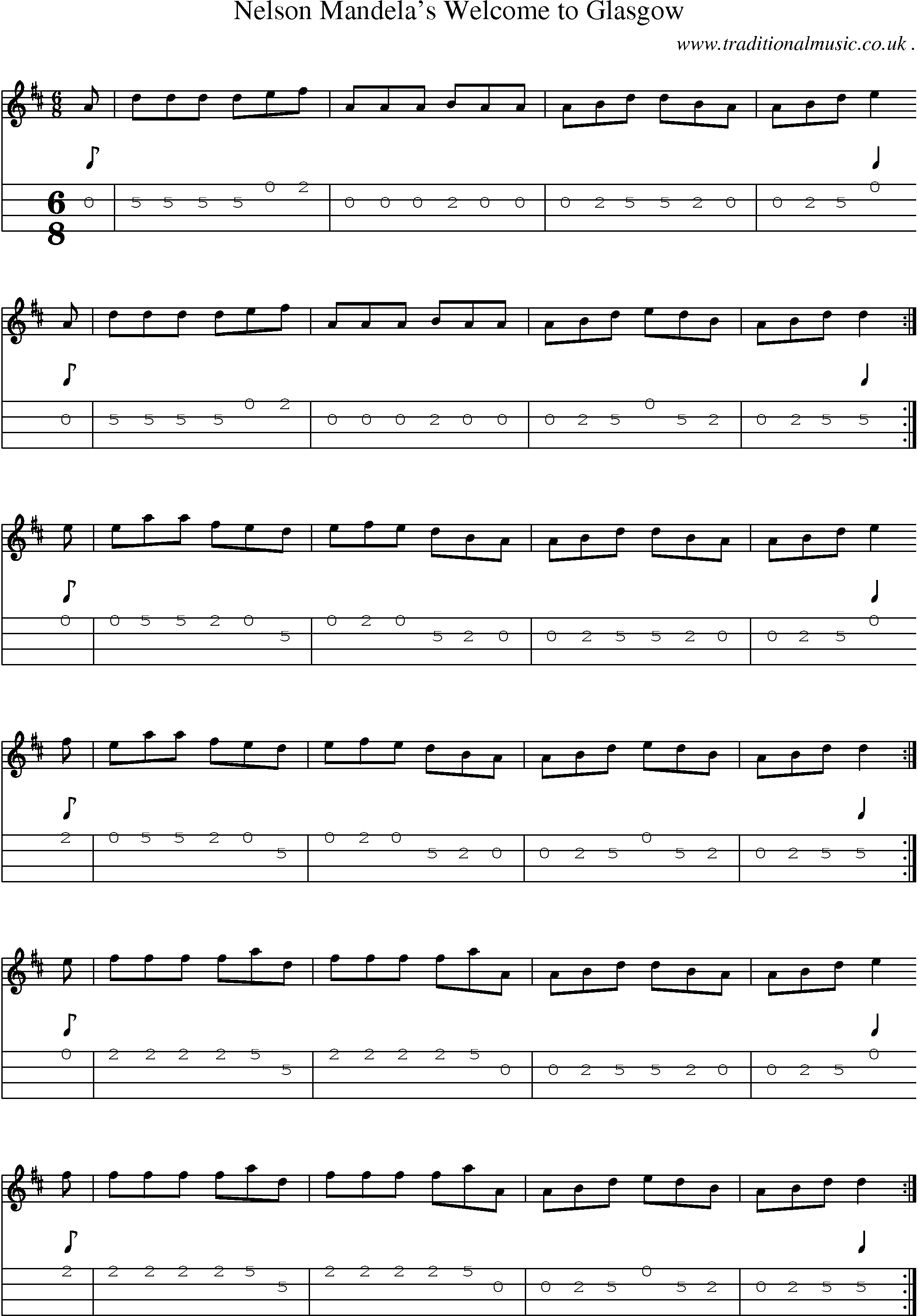 Sheet-music  score, Chords and Mandolin Tabs for Nelson Mandelas Welcome To Glasgow