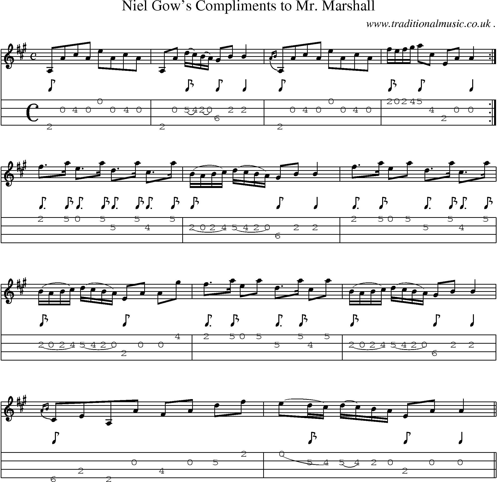 Sheet-music  score, Chords and Mandolin Tabs for Niel Gows Compliments To Mr Marshall