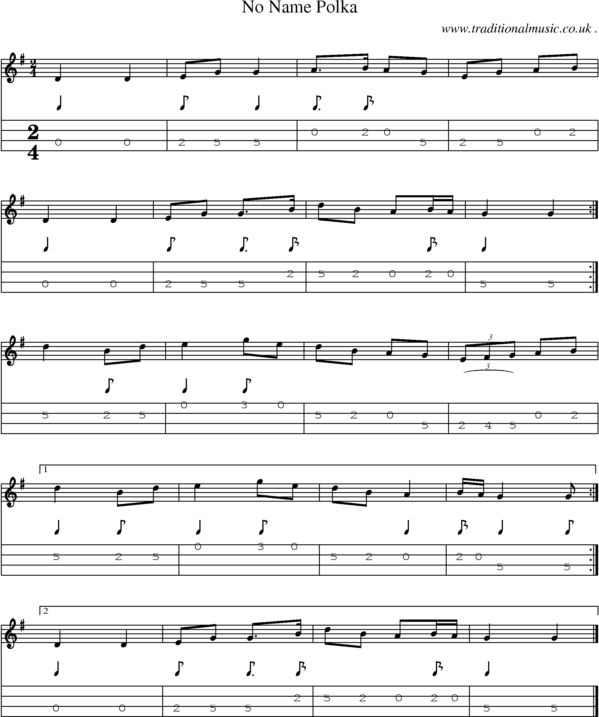 Sheet-music  score, Chords and Mandolin Tabs for No Name Polka