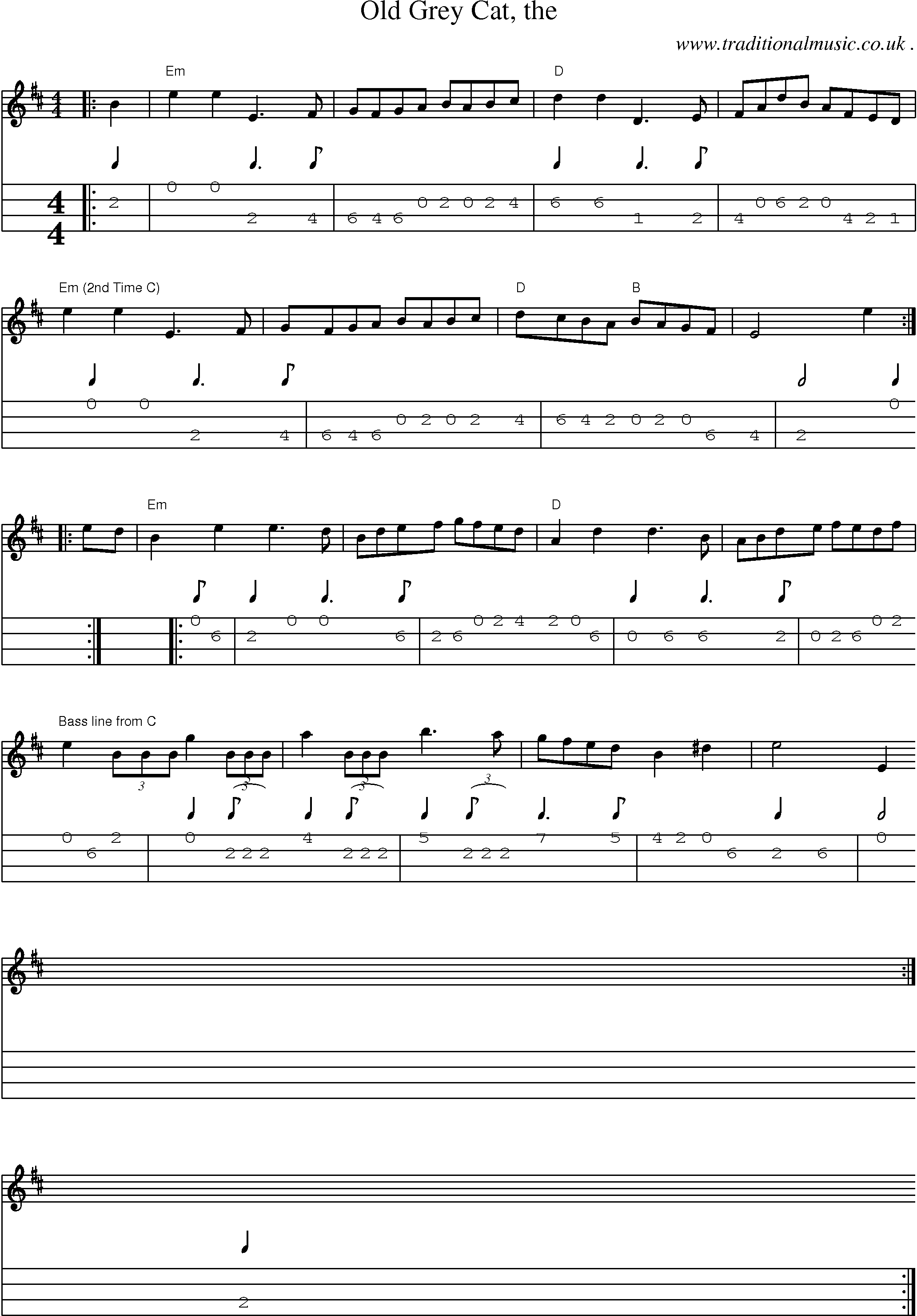Sheet-music  score, Chords and Mandolin Tabs for Old Grey Cat The