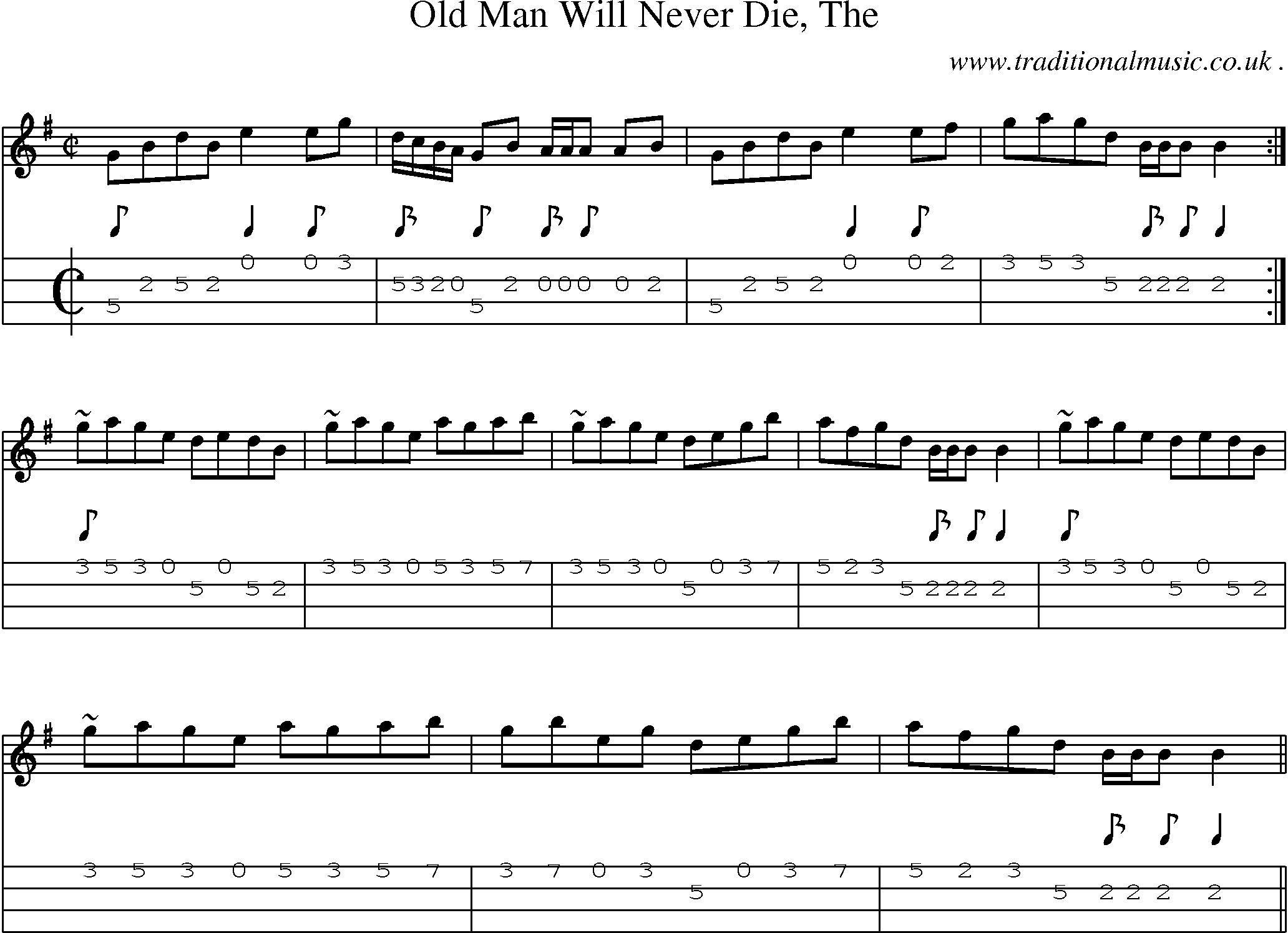 Sheet-music  score, Chords and Mandolin Tabs for Old Man Will Never Die The