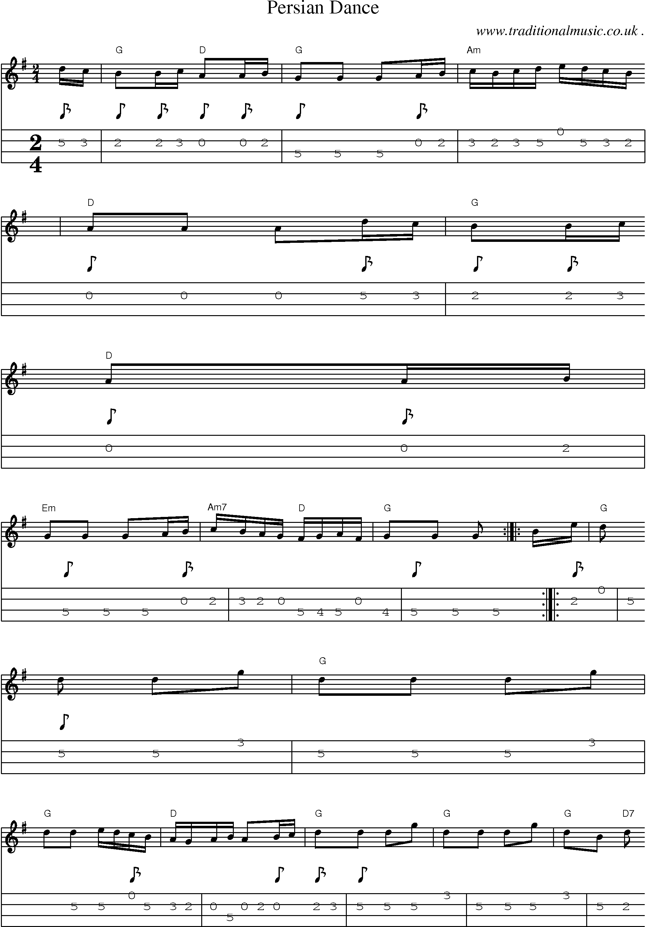 Sheet-music  score, Chords and Mandolin Tabs for Persian Dance