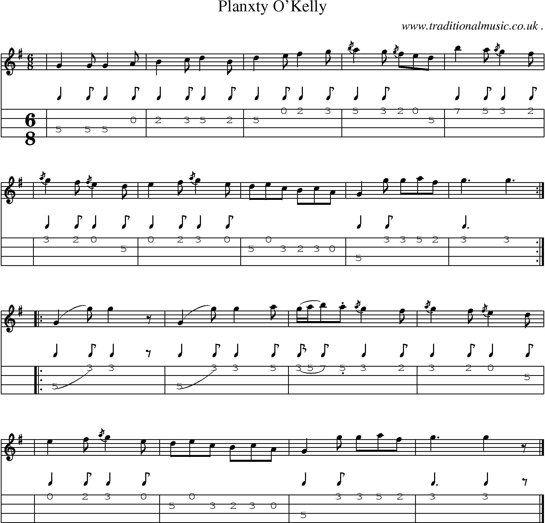 Sheet-music  score, Chords and Mandolin Tabs for Planxty Okelly