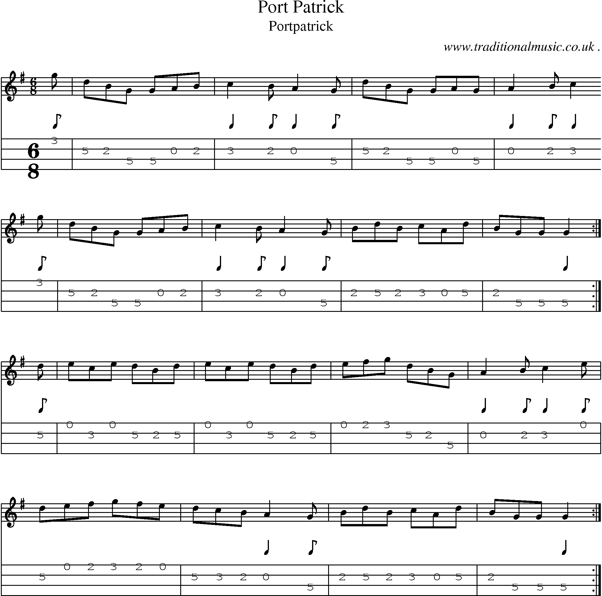 Sheet-music  score, Chords and Mandolin Tabs for Port Patrick
