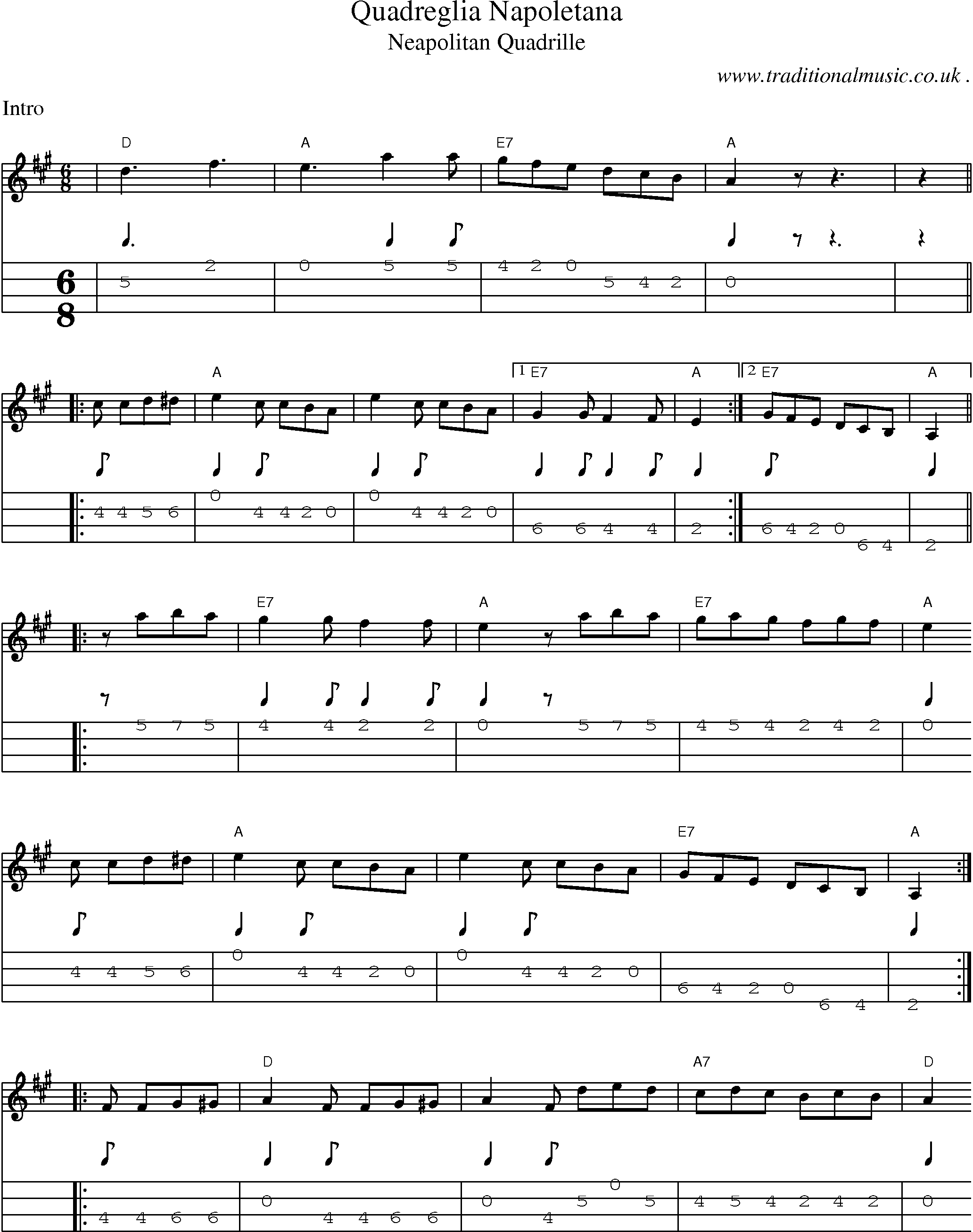 Sheet-music  score, Chords and Mandolin Tabs for Quadreglia Napoletana