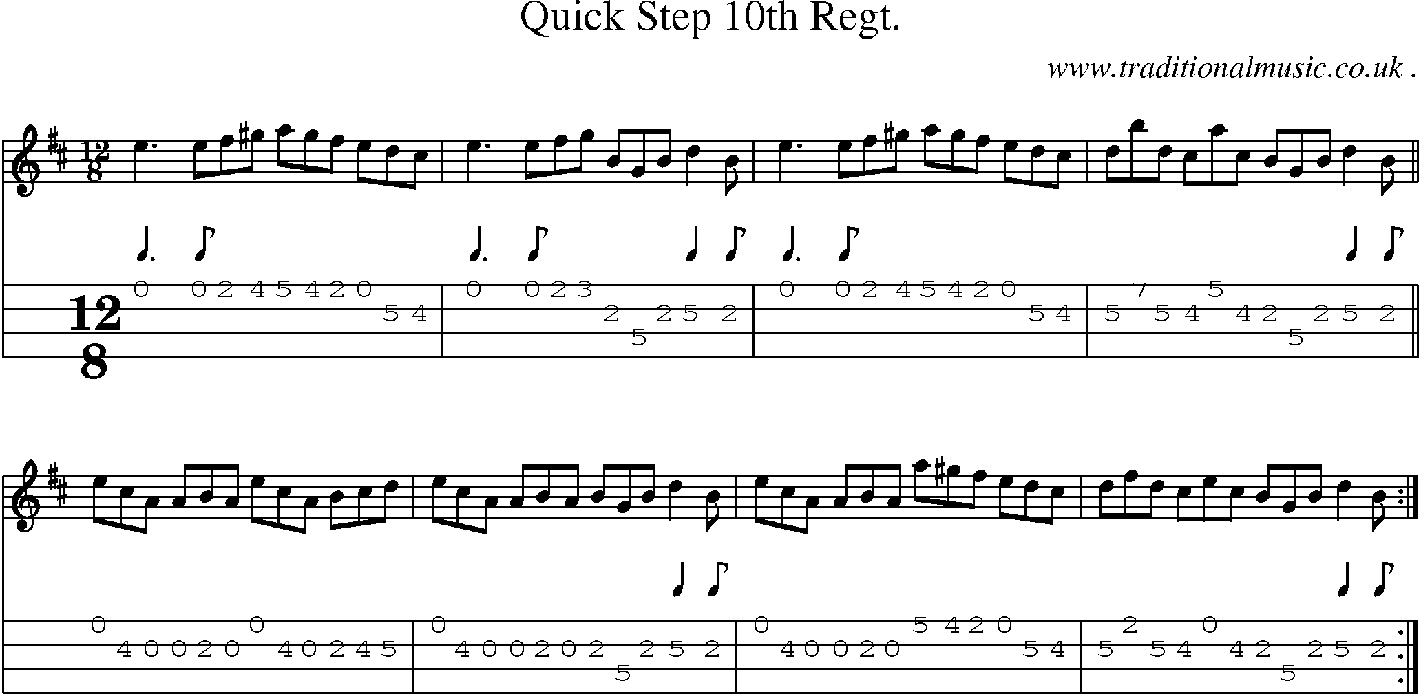 Sheet-music  score, Chords and Mandolin Tabs for Quick Step 10th Regt