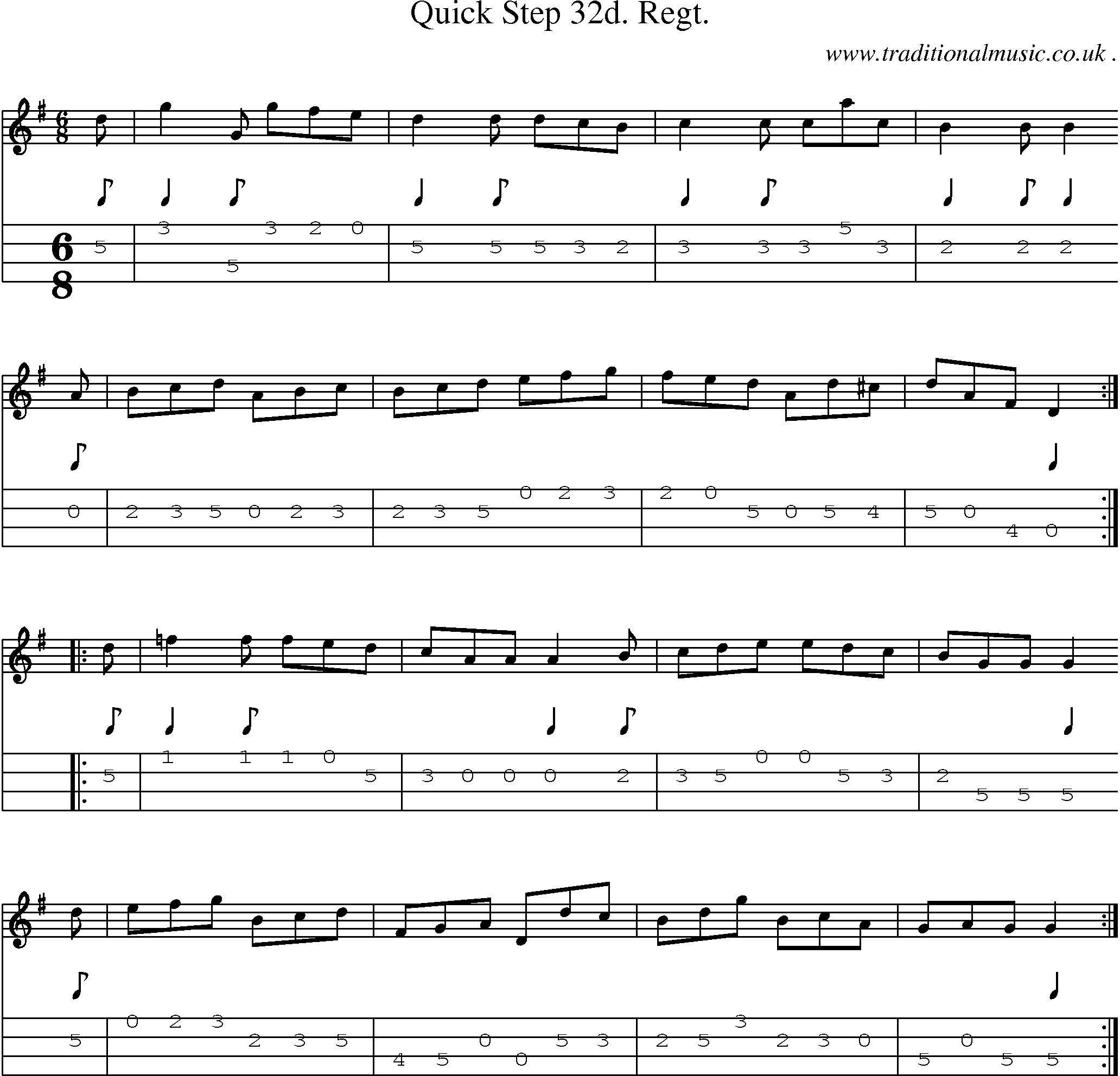 Sheet-music  score, Chords and Mandolin Tabs for Quick Step 32d Regt