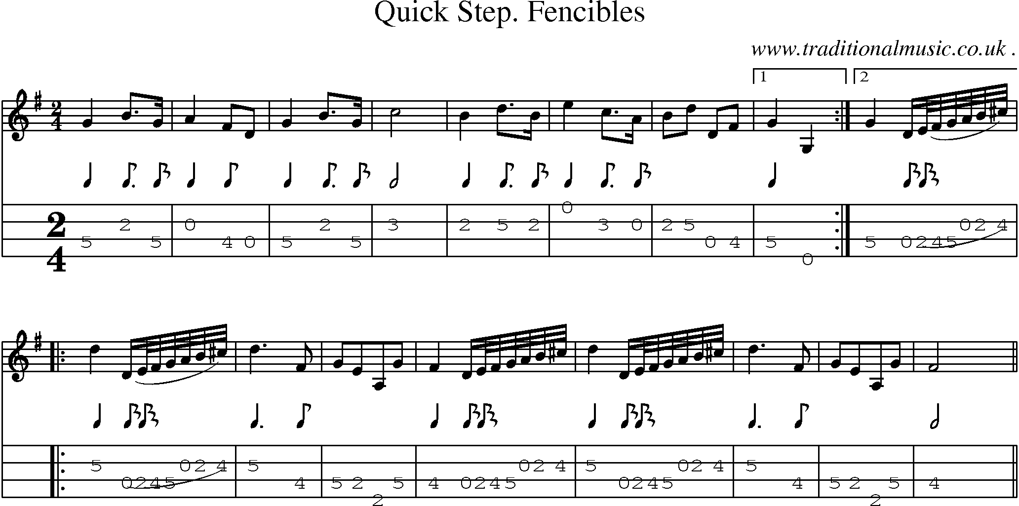 Sheet-music  score, Chords and Mandolin Tabs for Quick Step Fencibles