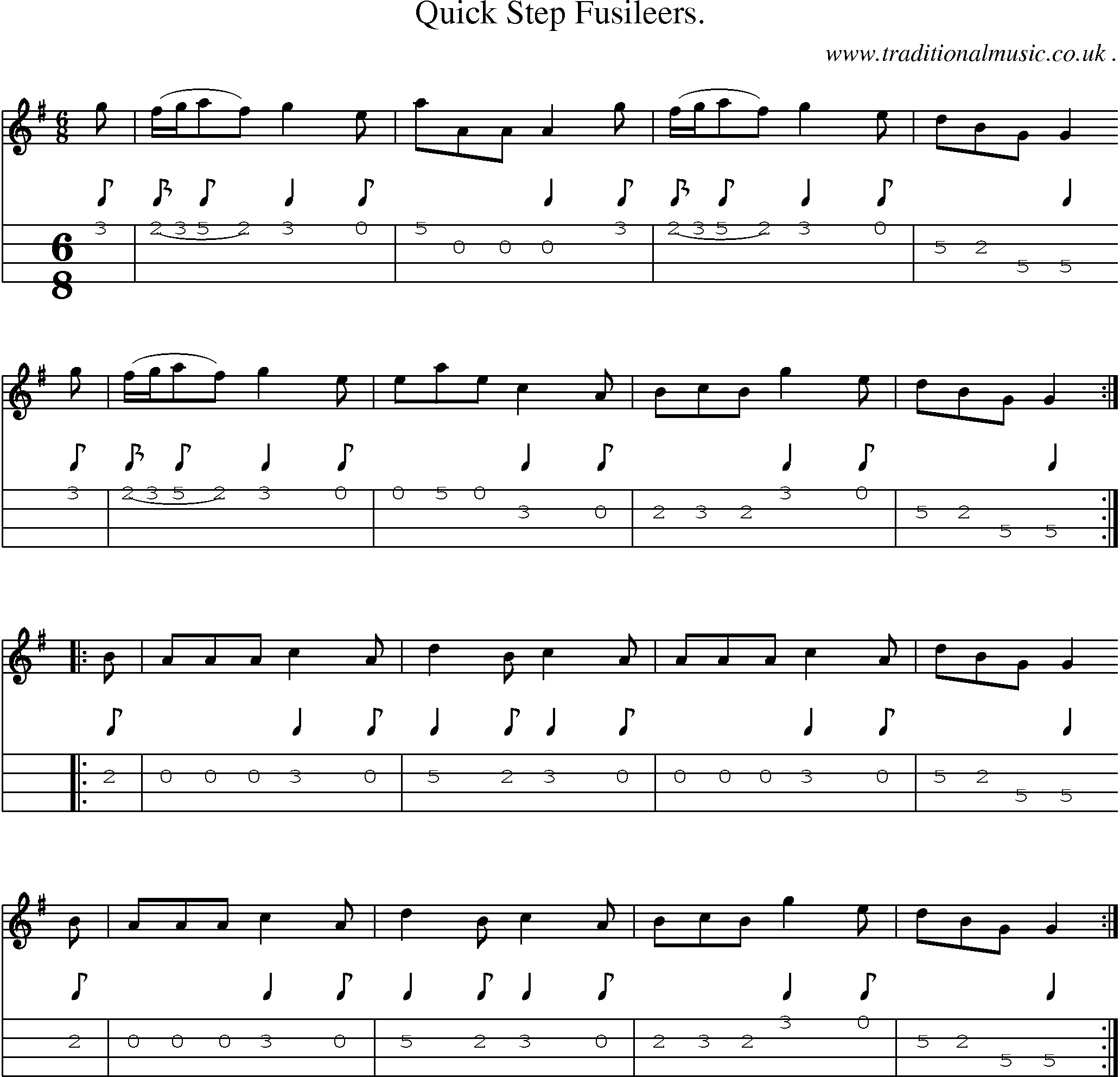 Sheet-music  score, Chords and Mandolin Tabs for Quick Step Fusileers