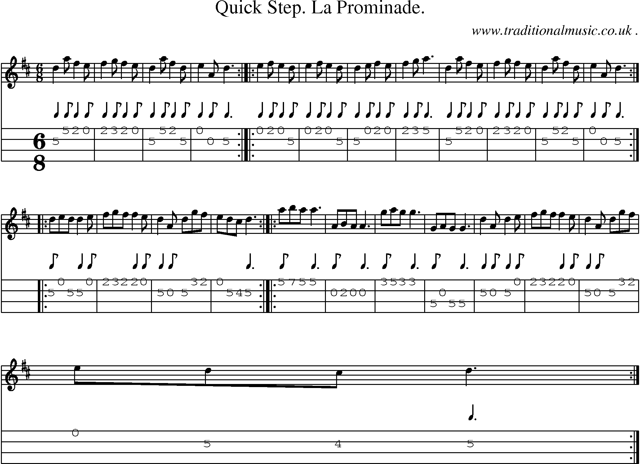 Sheet-music  score, Chords and Mandolin Tabs for Quick Step La Prominade
