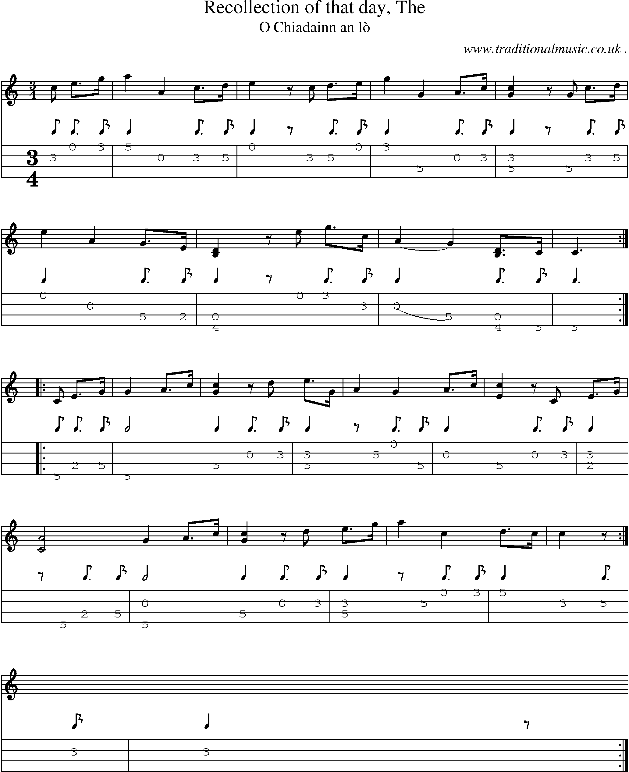 Sheet-music  score, Chords and Mandolin Tabs for Recollection Of That Day The