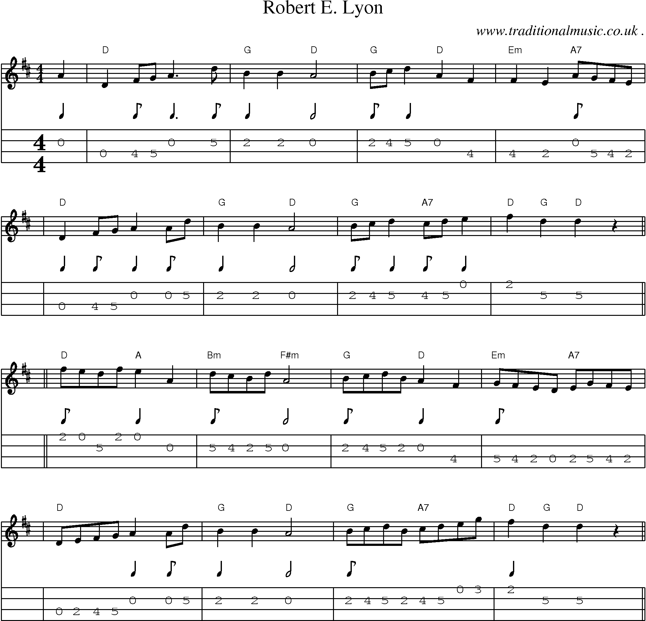 Sheet-music  score, Chords and Mandolin Tabs for Robert E Lyon