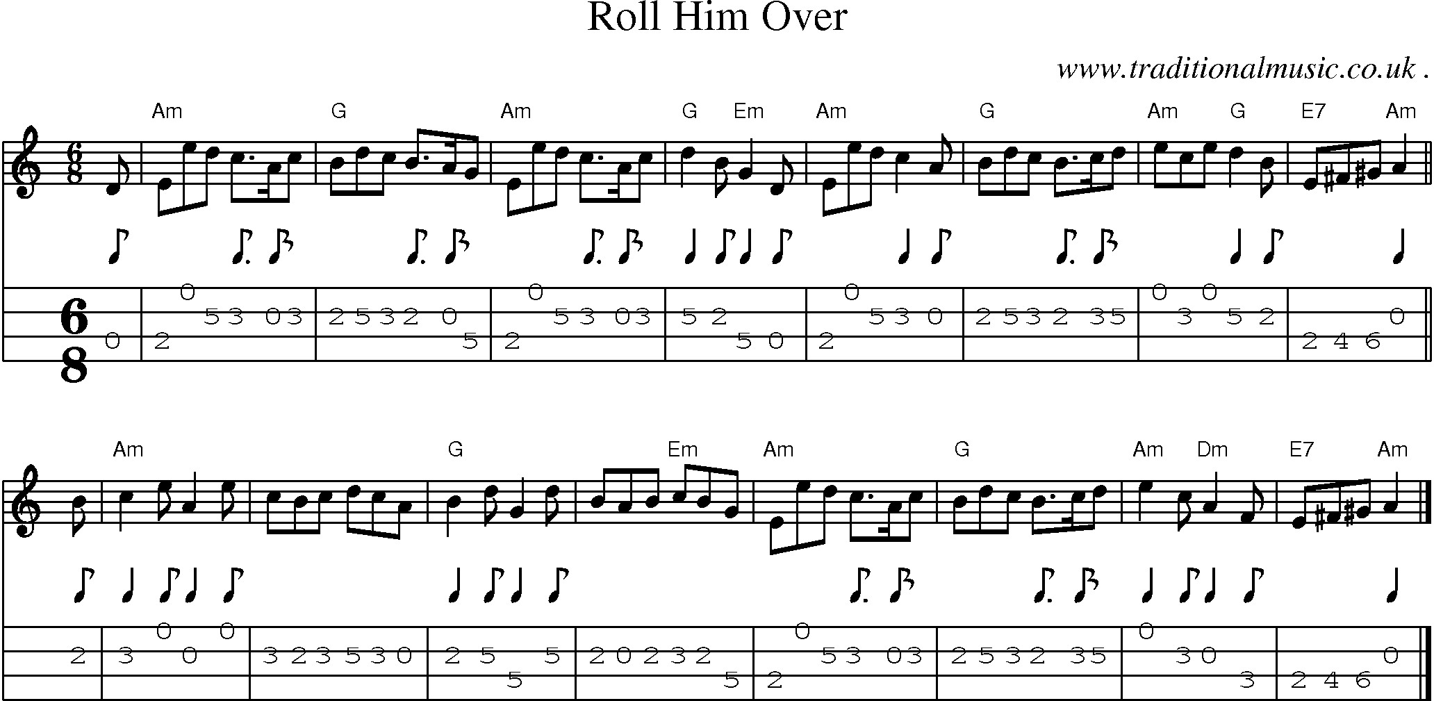 Sheet-music  score, Chords and Mandolin Tabs for Roll Him Over