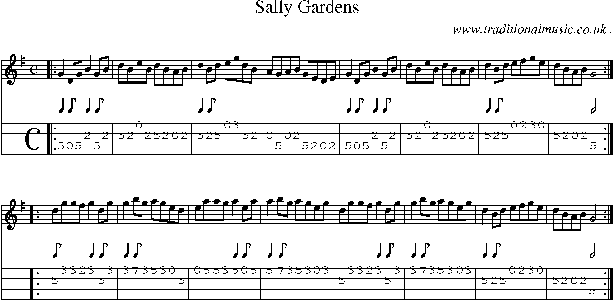 Sheet-music  score, Chords and Mandolin Tabs for Sally Gardens