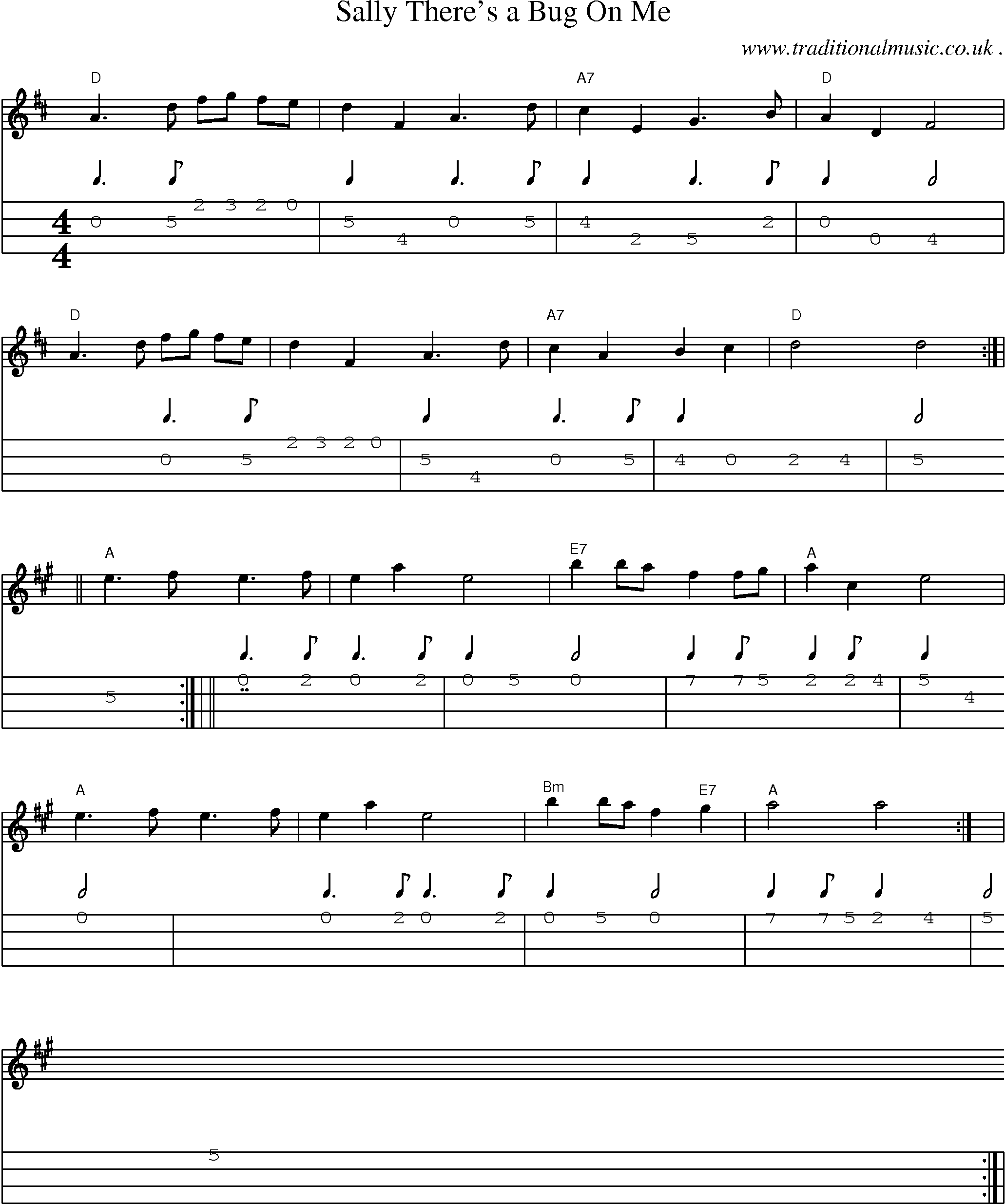 Sheet-music  score, Chords and Mandolin Tabs for Sally Theres A Bug On Me