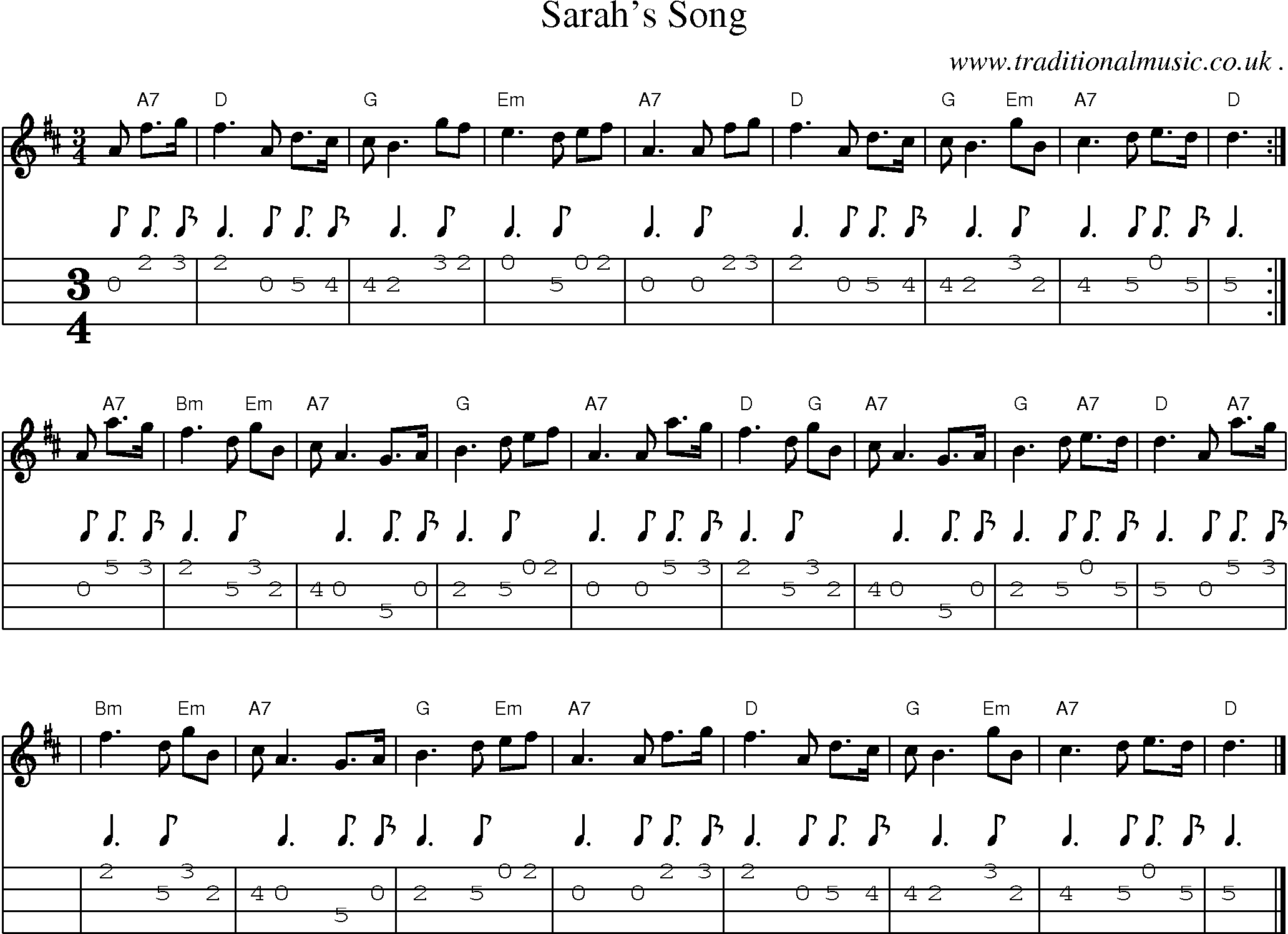 Sheet-music  score, Chords and Mandolin Tabs for Sarahs Song