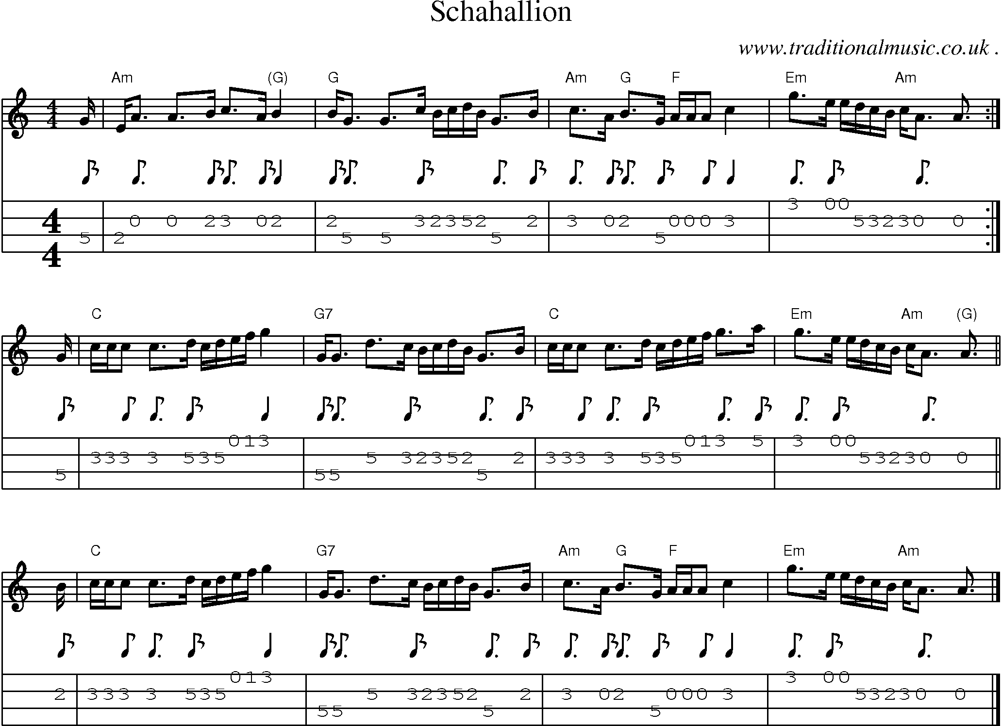 Sheet-music  score, Chords and Mandolin Tabs for Schahallion