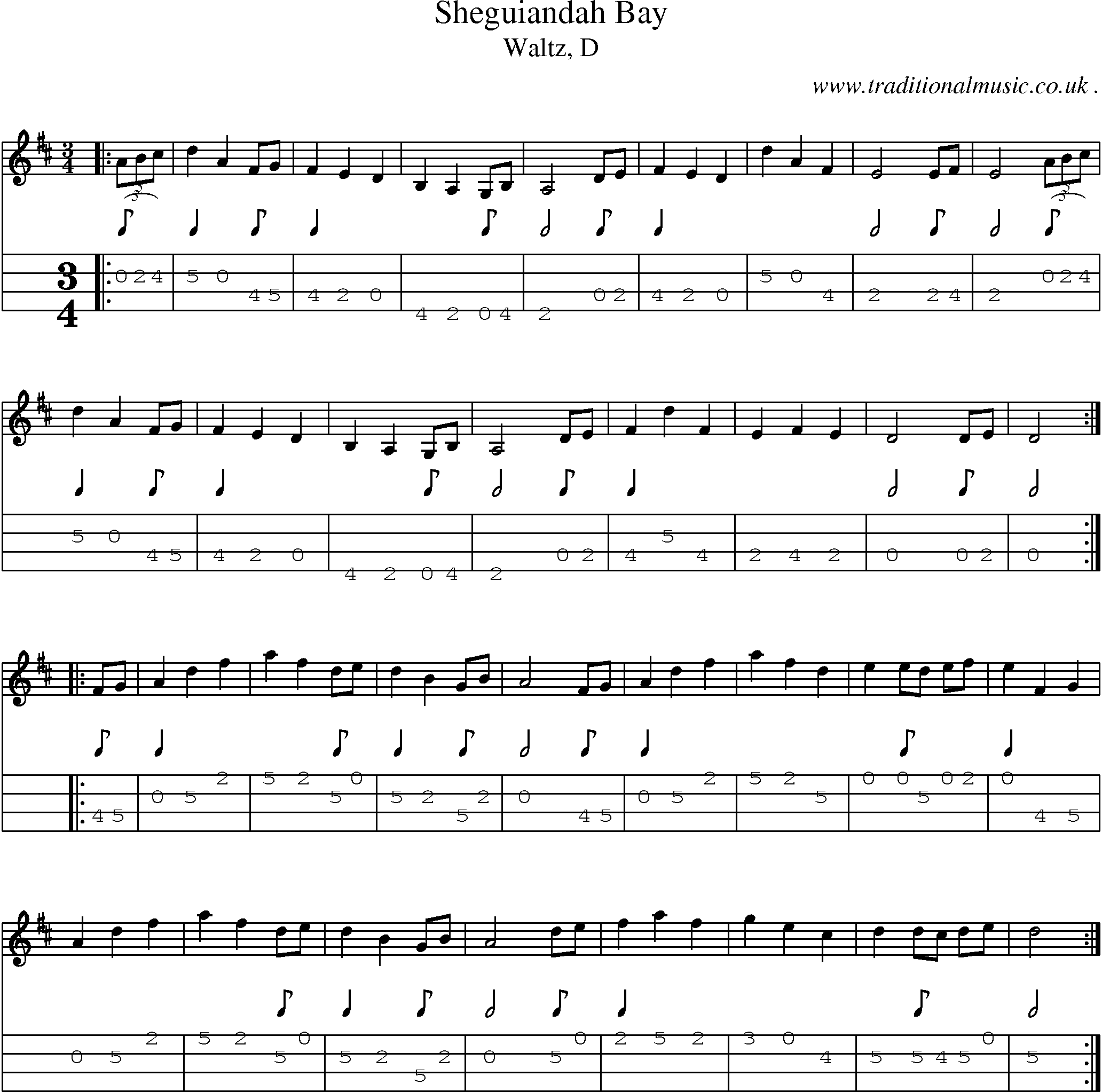 Sheet-music  score, Chords and Mandolin Tabs for Sheguiandah Bay