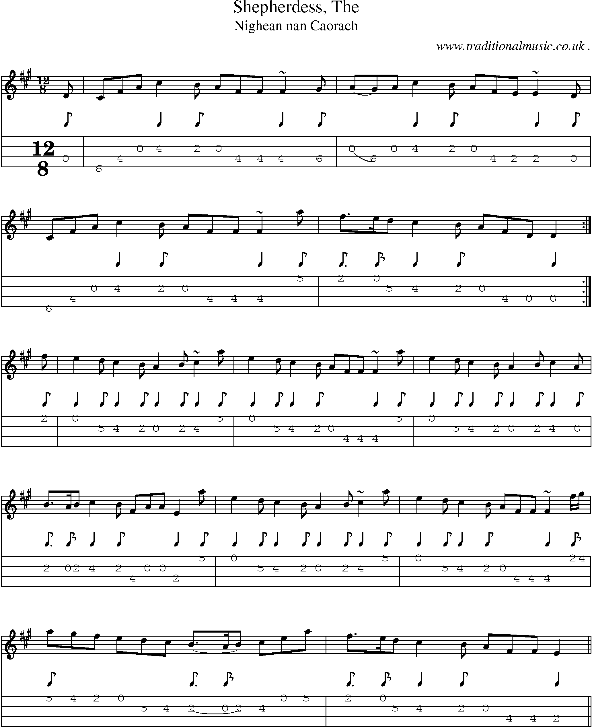Sheet-music  score, Chords and Mandolin Tabs for Shepherdess The