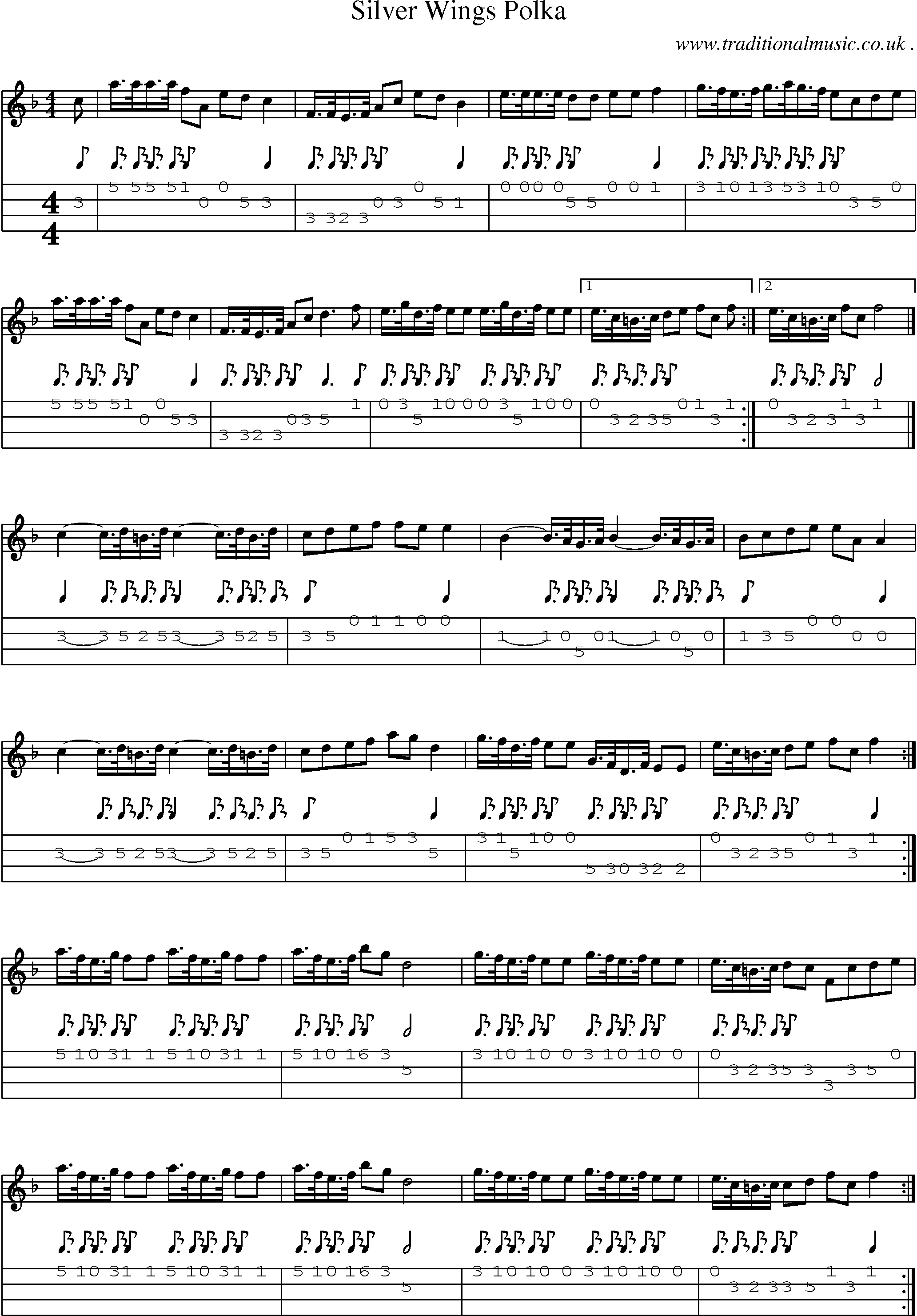 Sheet-music  score, Chords and Mandolin Tabs for Silver Wings Polka