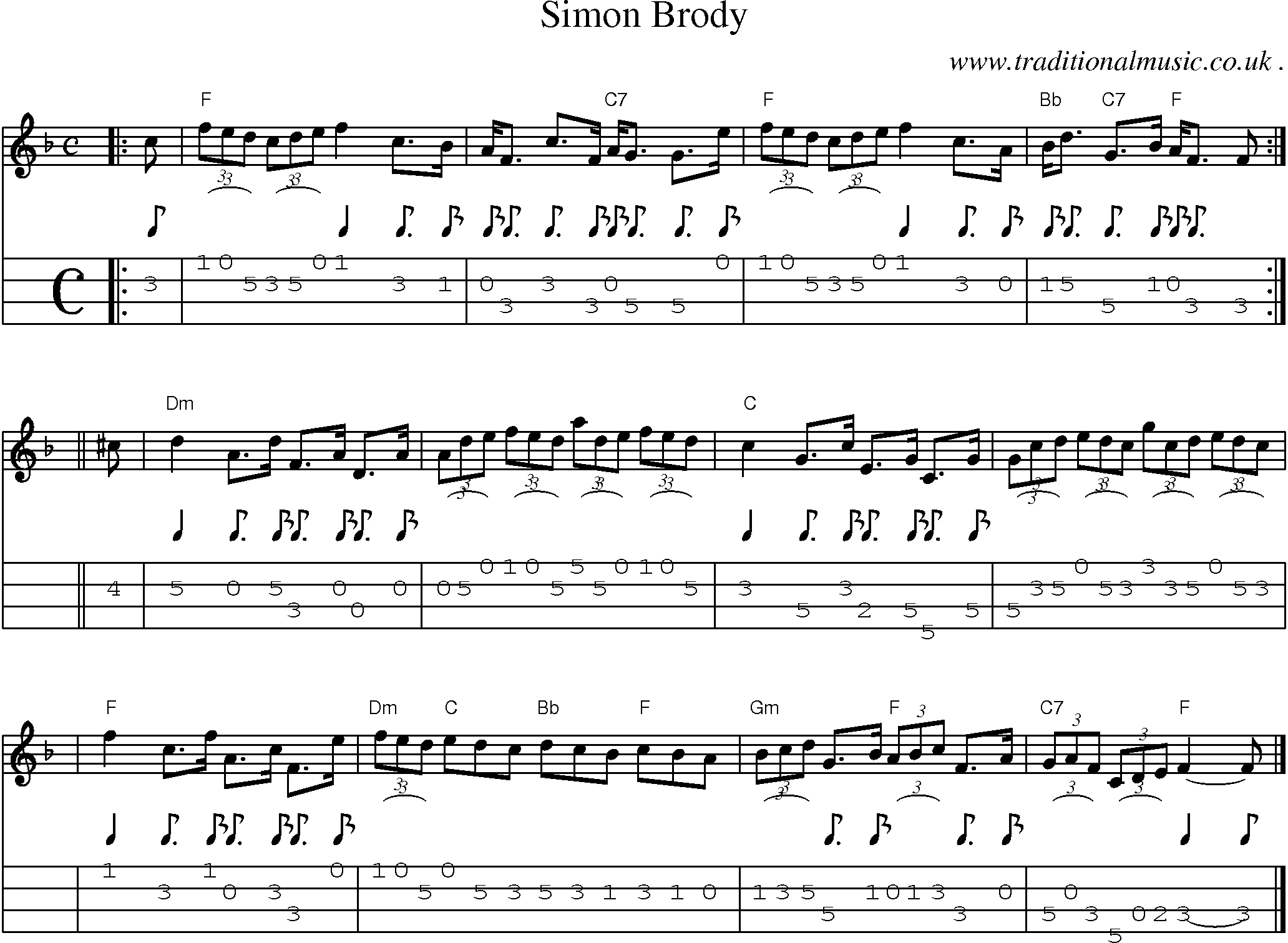 Sheet-music  score, Chords and Mandolin Tabs for Simon Brody