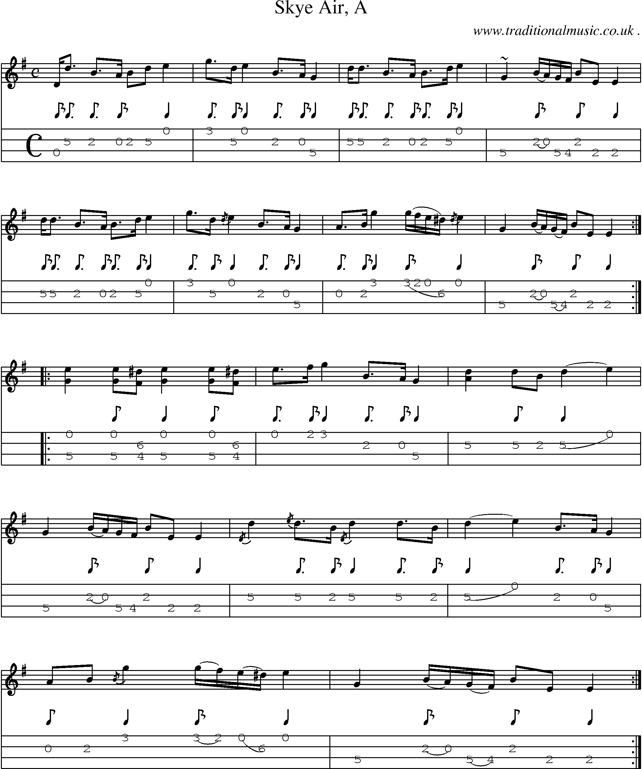 Sheet-music  score, Chords and Mandolin Tabs for Skye Air A