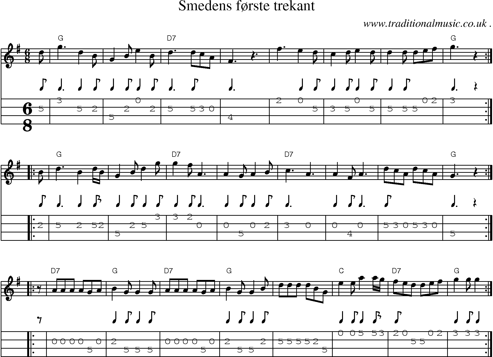 Sheet-music  score, Chords and Mandolin Tabs for Smedens Forste Trekant