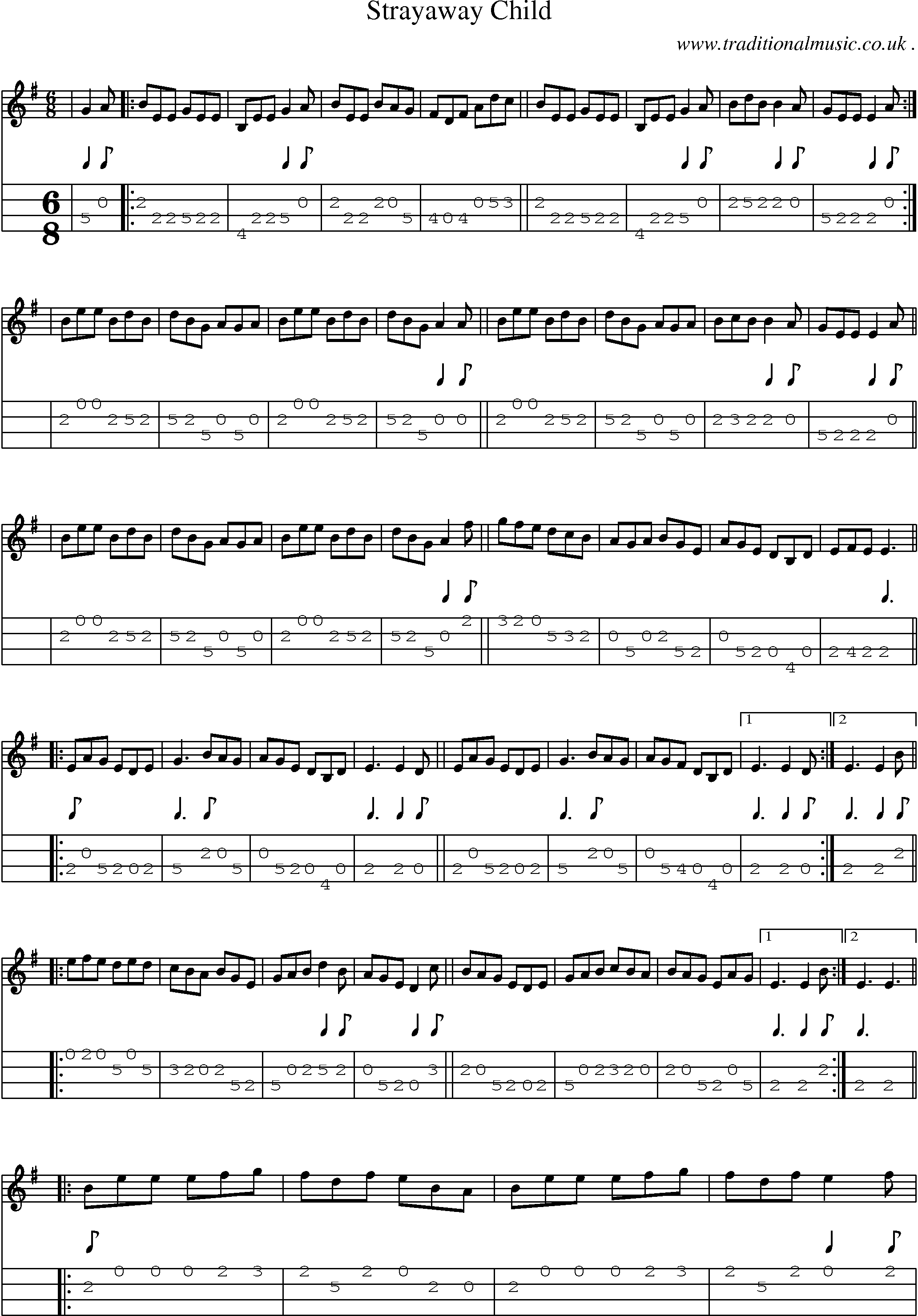 Sheet-music  score, Chords and Mandolin Tabs for Strayaway Child