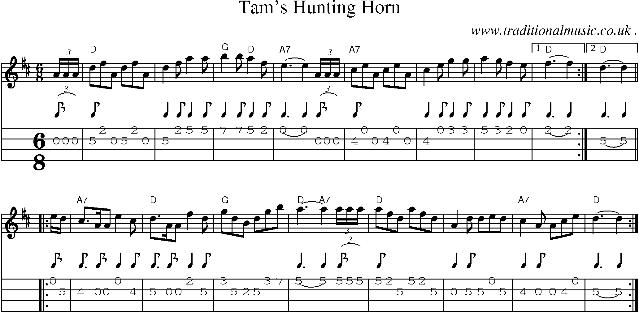 Sheet-music  score, Chords and Mandolin Tabs for Tams Hunting Horn