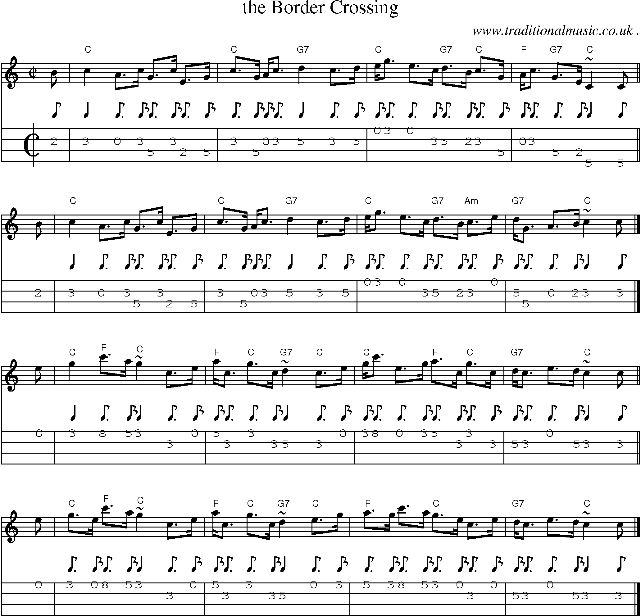 Sheet-music  score, Chords and Mandolin Tabs for The Border Crossing