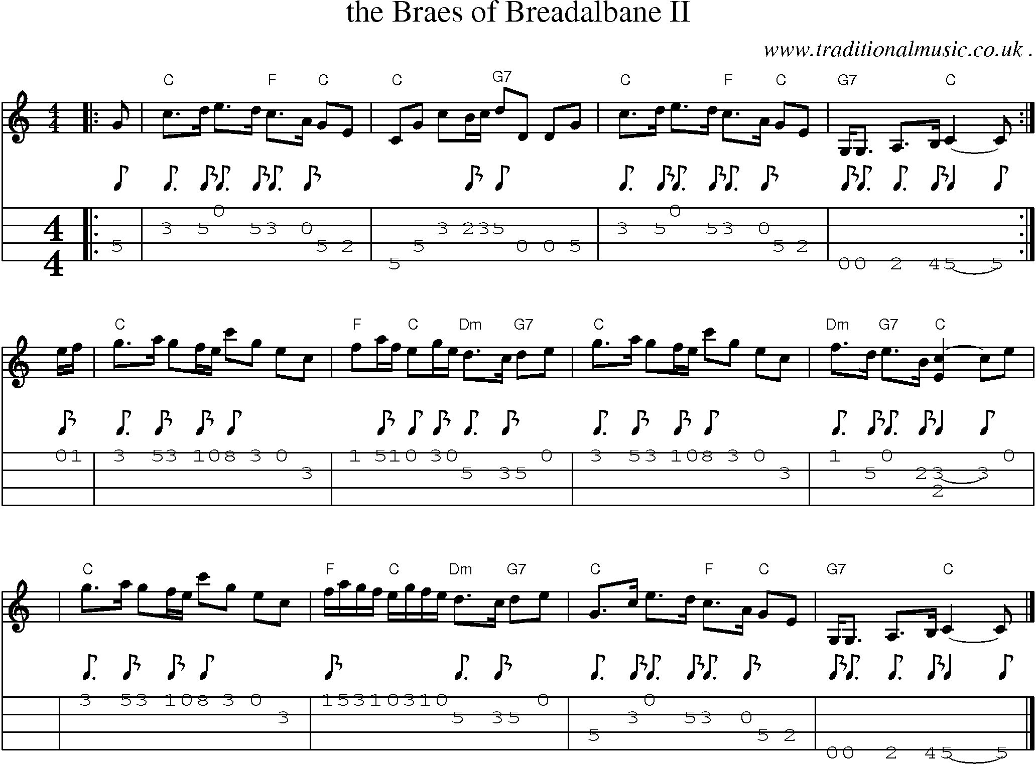 Sheet-music  score, Chords and Mandolin Tabs for The Braes Of Breadalbane Ii