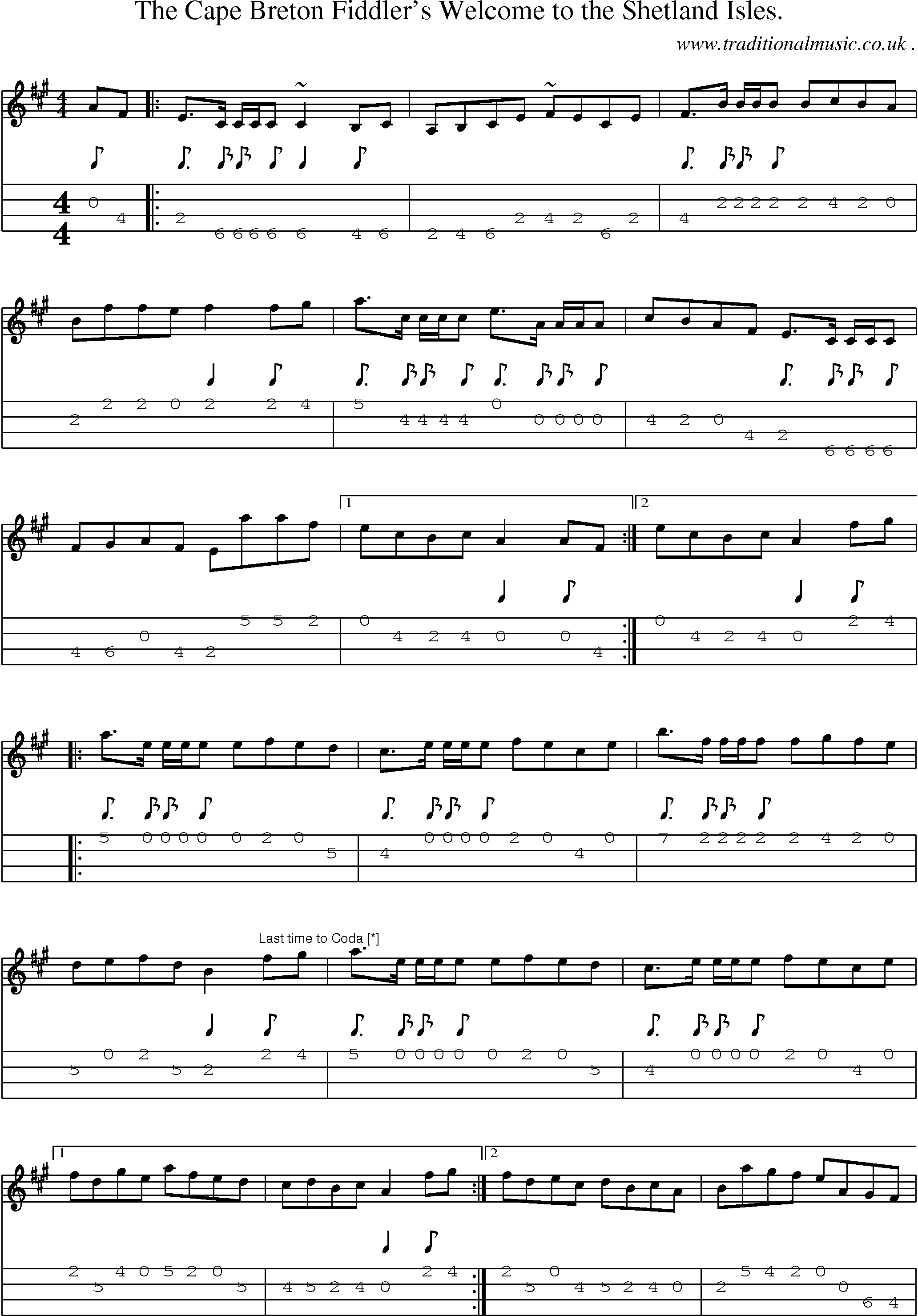 Sheet-music  score, Chords and Mandolin Tabs for The Cape Breton Fiddlers Welcome To The Shetland Isles
