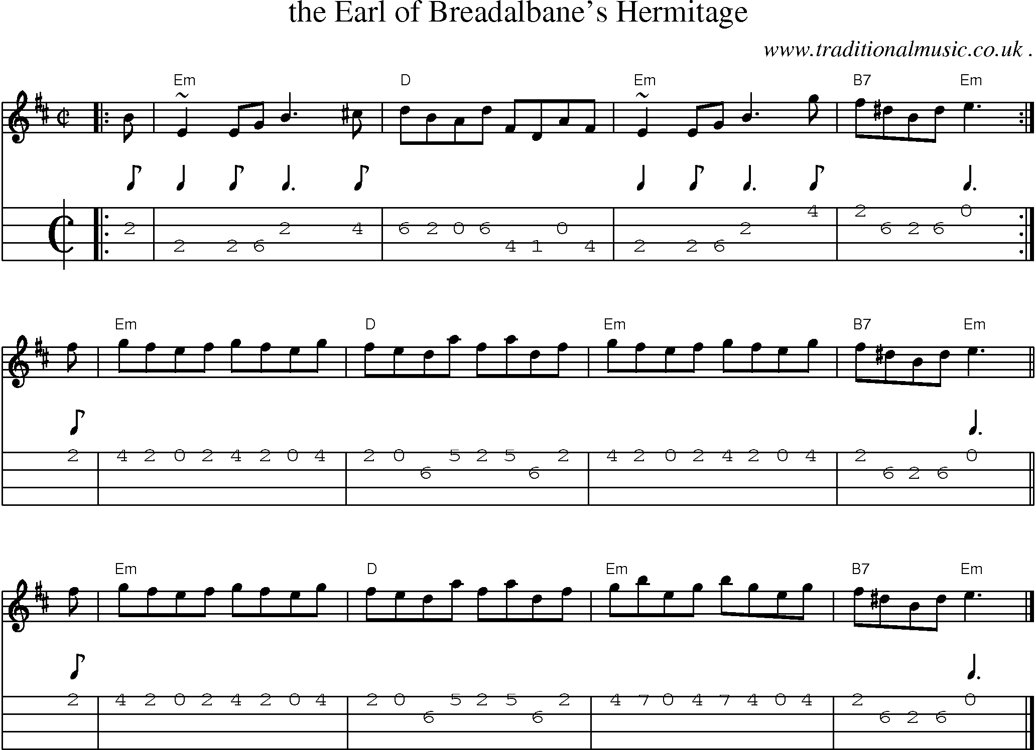 Sheet-music  score, Chords and Mandolin Tabs for The Earl Of Breadalbanes Hermitage