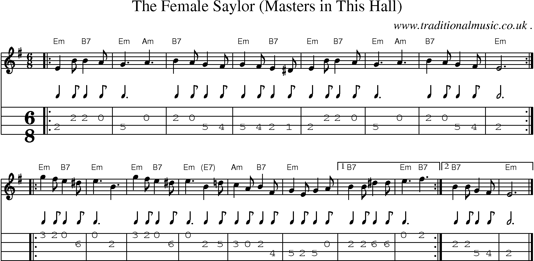 Sheet-music  score, Chords and Mandolin Tabs for The Female Saylor Masters In This Hall