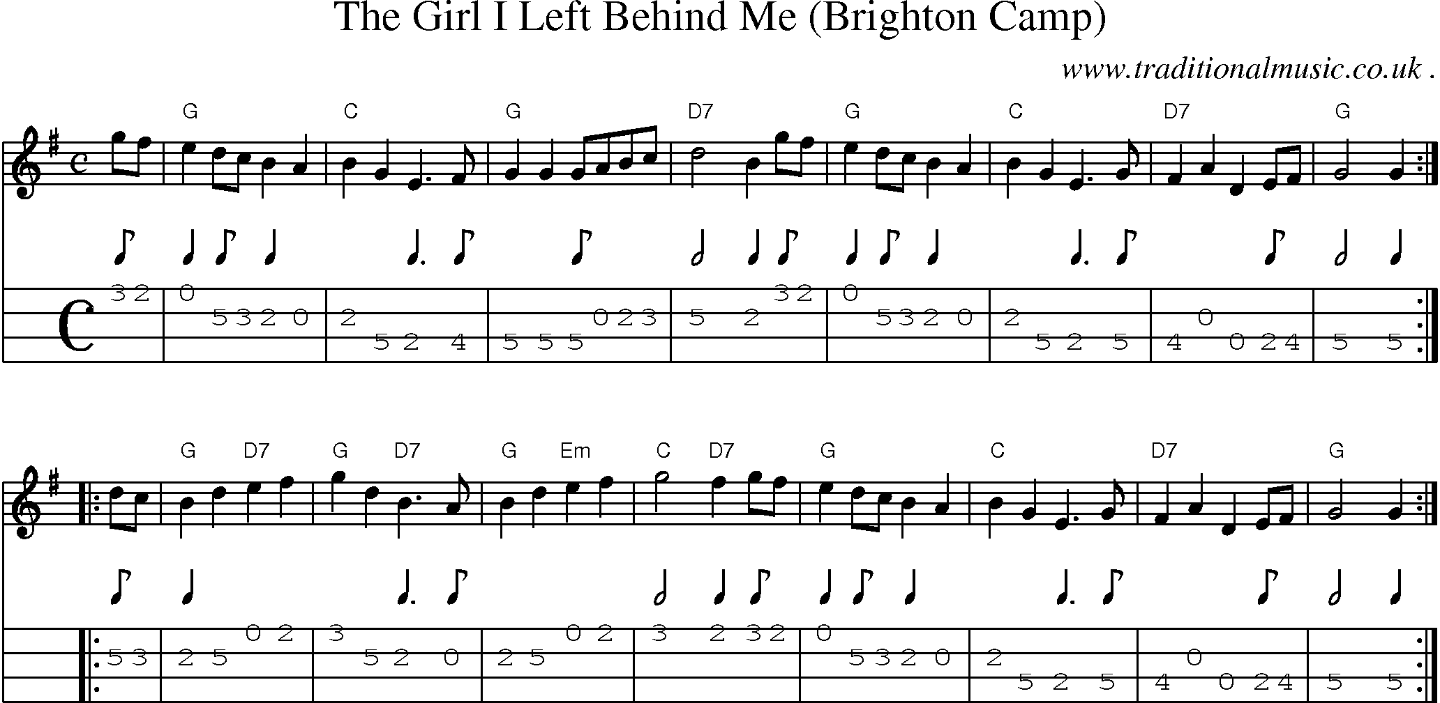 Sheet-music  score, Chords and Mandolin Tabs for The Girl I Left Behind Me Brighton Camp