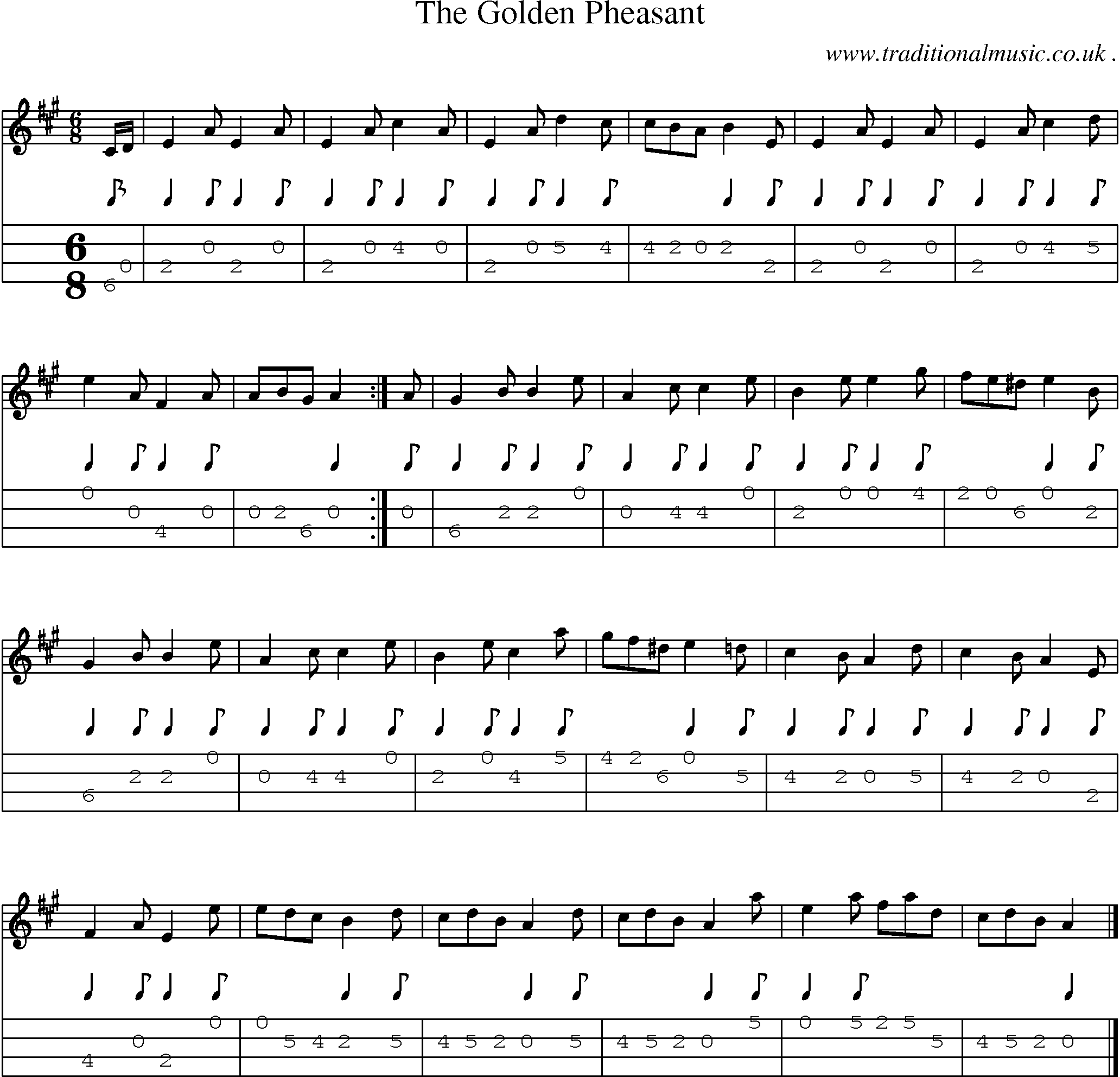 Sheet-music  score, Chords and Mandolin Tabs for The Golden Pheasant