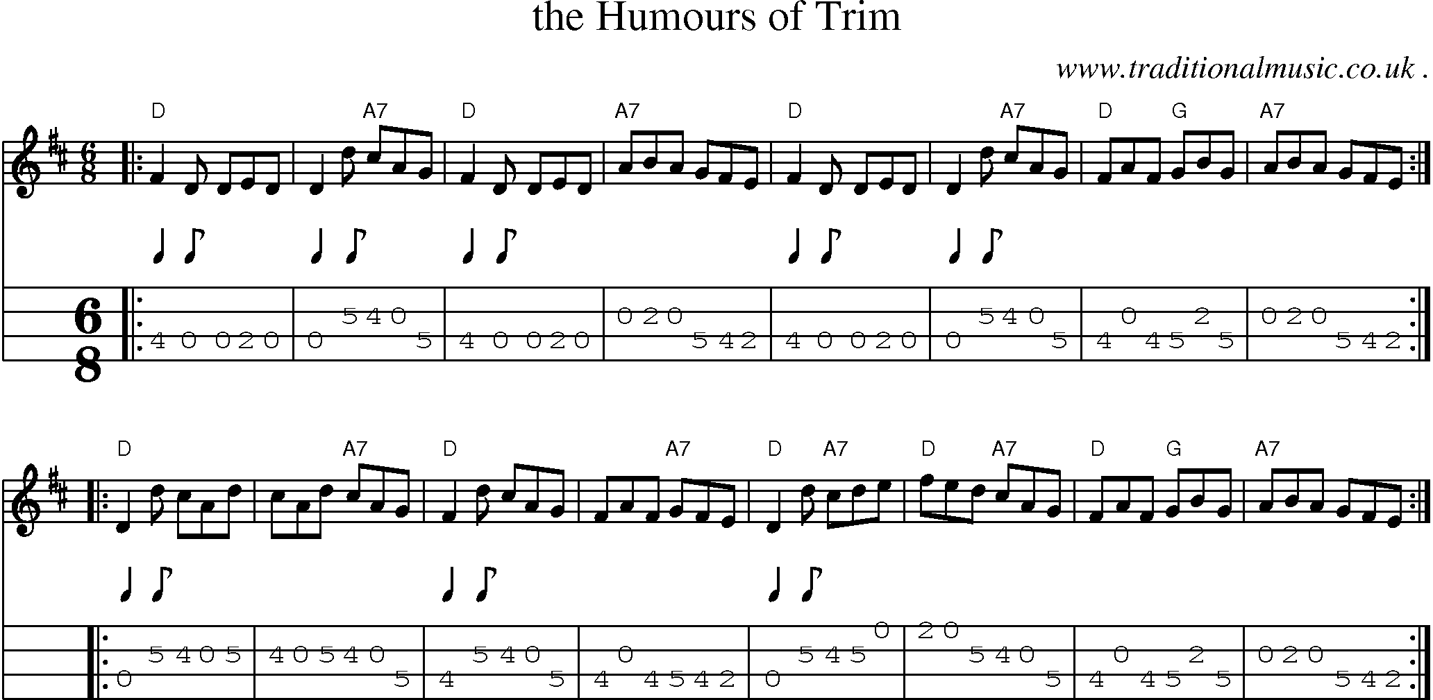 Sheet-music  score, Chords and Mandolin Tabs for The Humours Of Trim