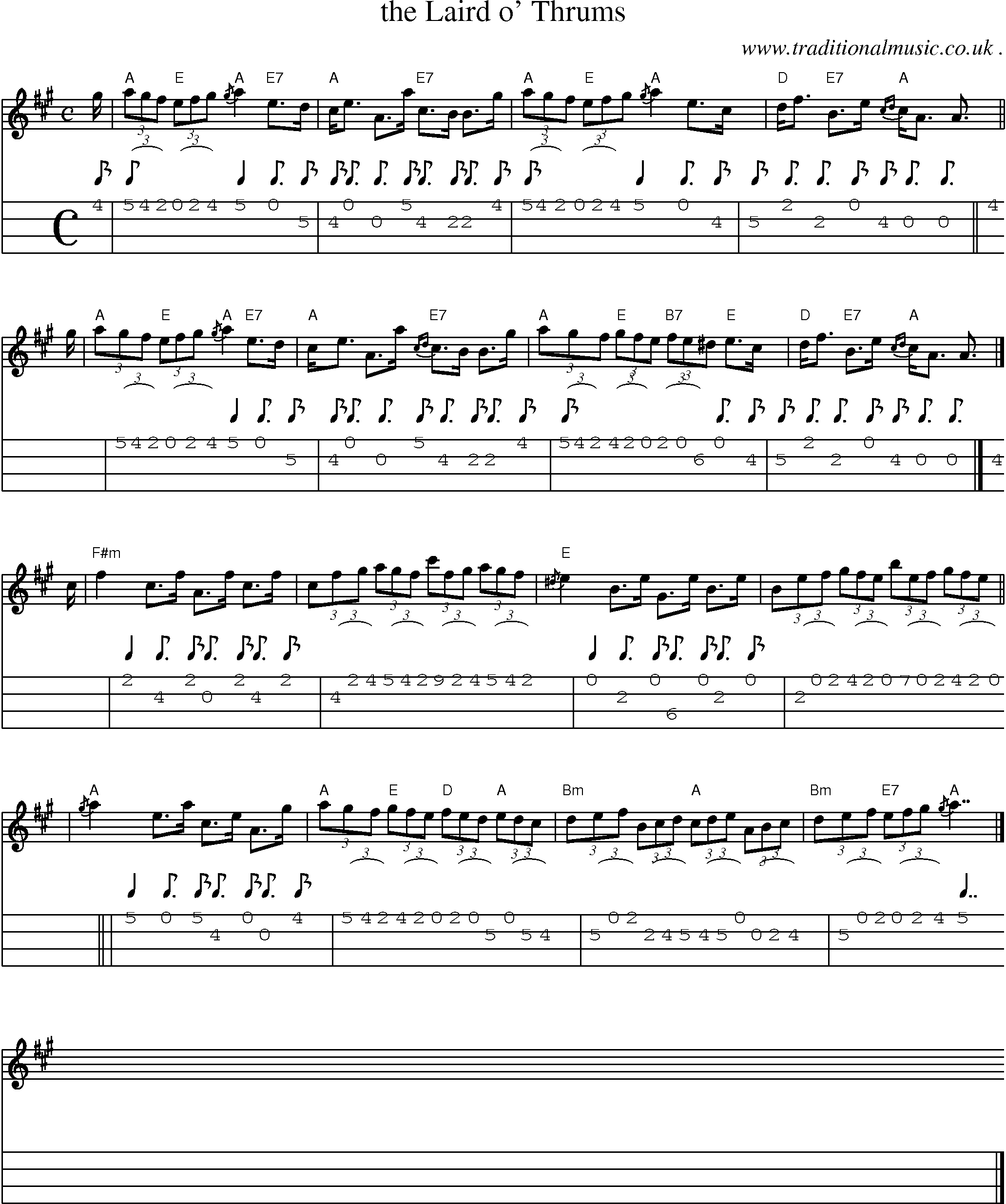 Sheet-music  score, Chords and Mandolin Tabs for The Laird O Thrums