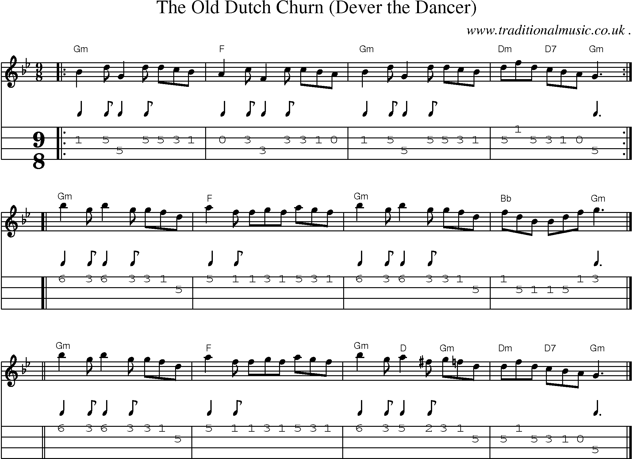 Sheet-music  score, Chords and Mandolin Tabs for The Old Dutch Churn Dever The Dancer