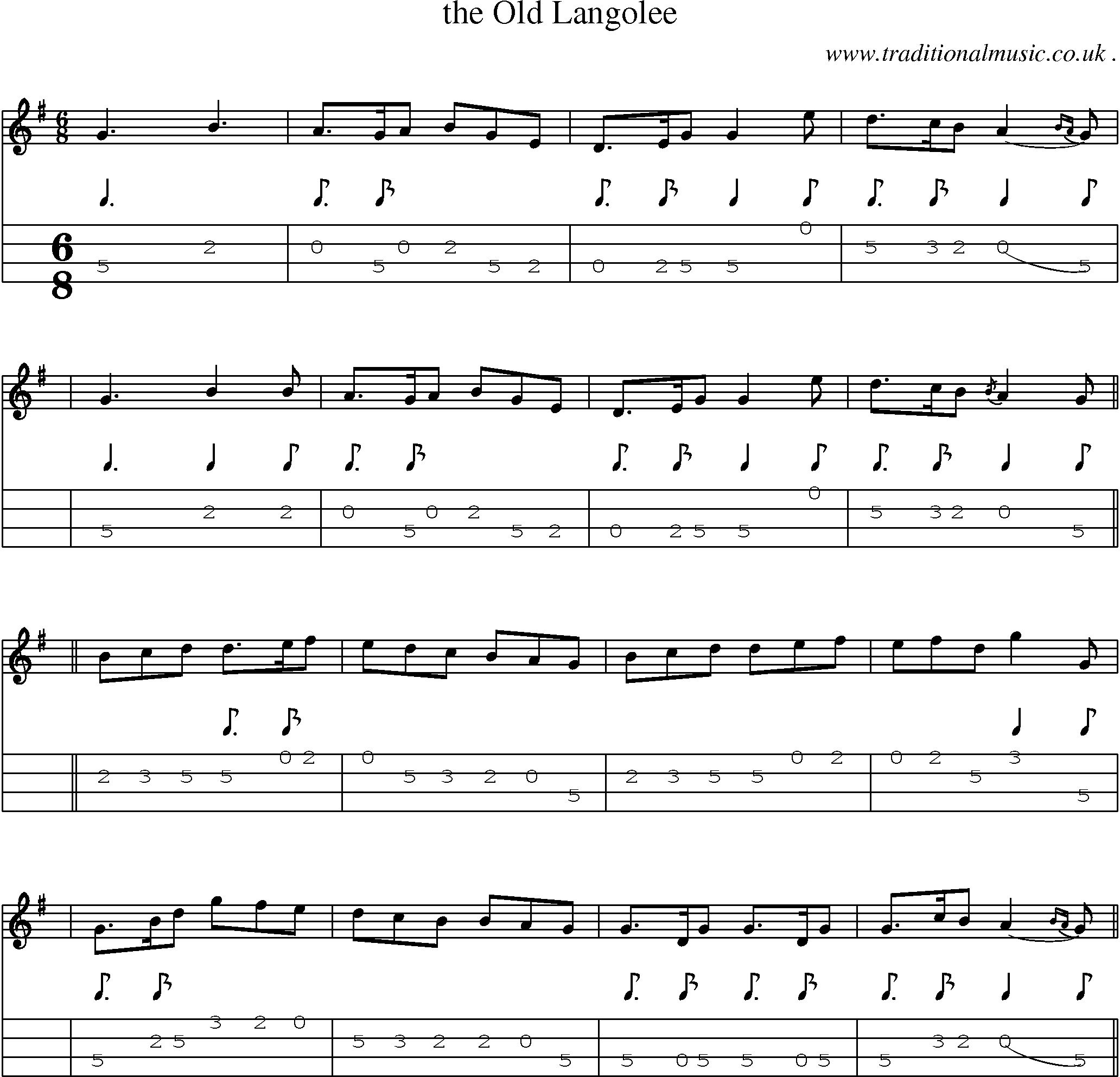 Sheet-music  score, Chords and Mandolin Tabs for The Old Langolee