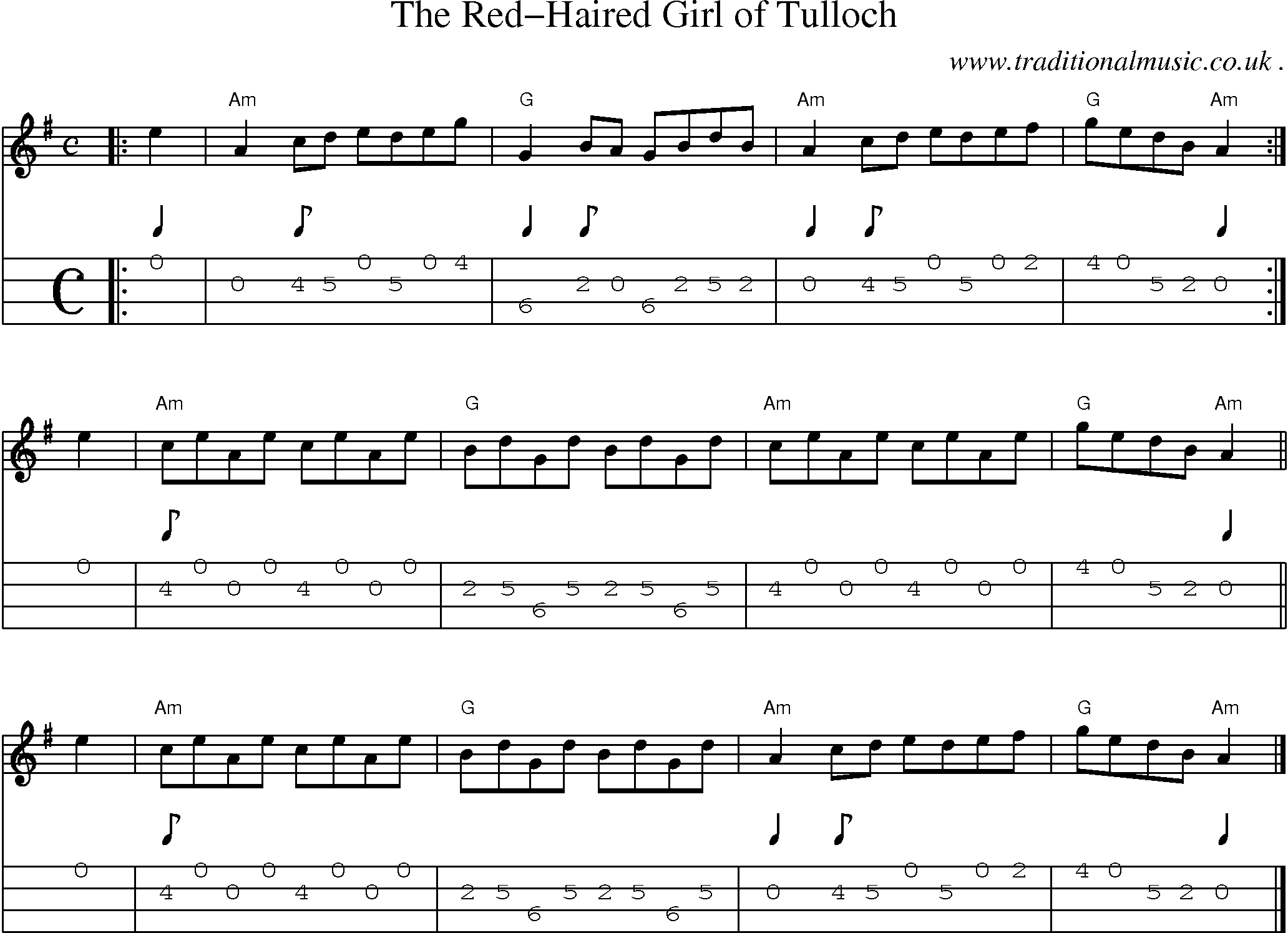 Sheet-music  score, Chords and Mandolin Tabs for The Red-haired Girl Of Tulloch