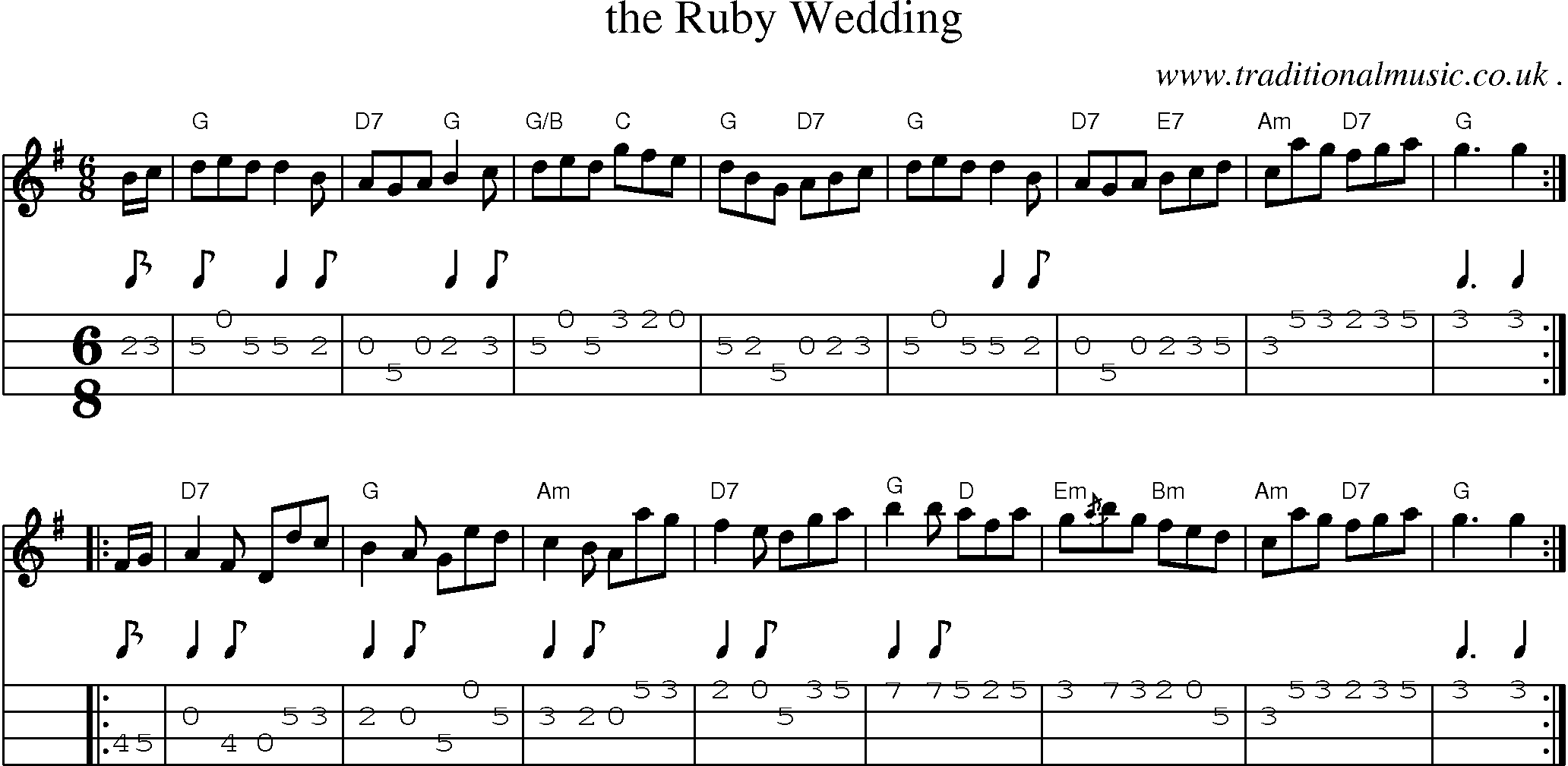 Sheet-music  score, Chords and Mandolin Tabs for The Ruby Wedding
