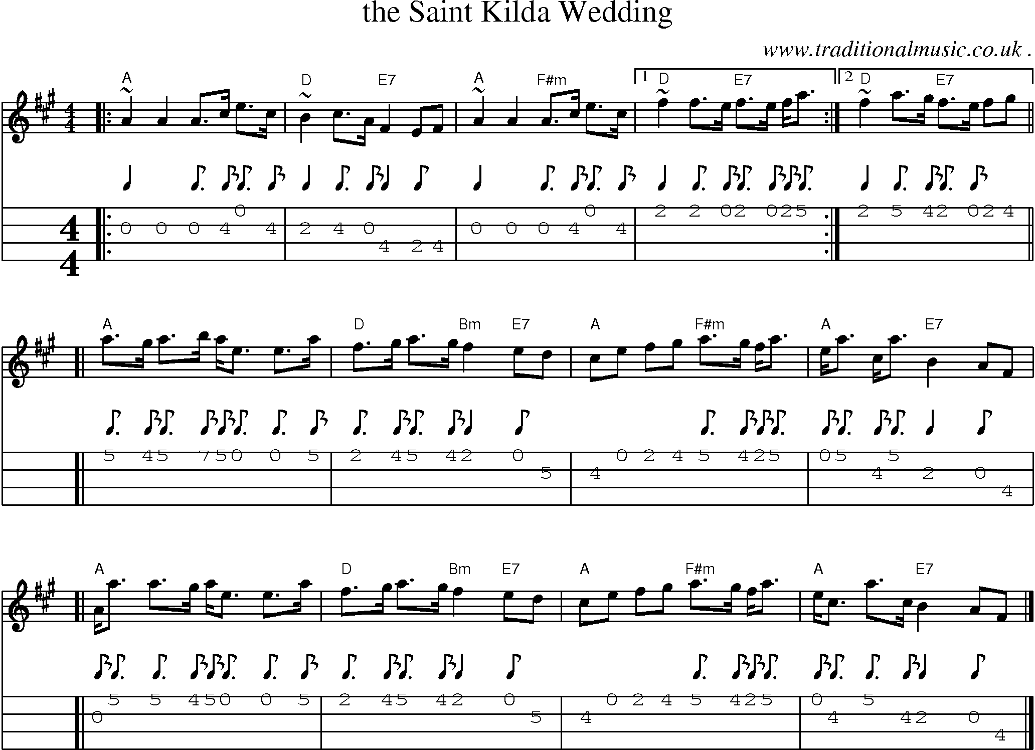 Sheet-music  score, Chords and Mandolin Tabs for The Saint Kilda Wedding
