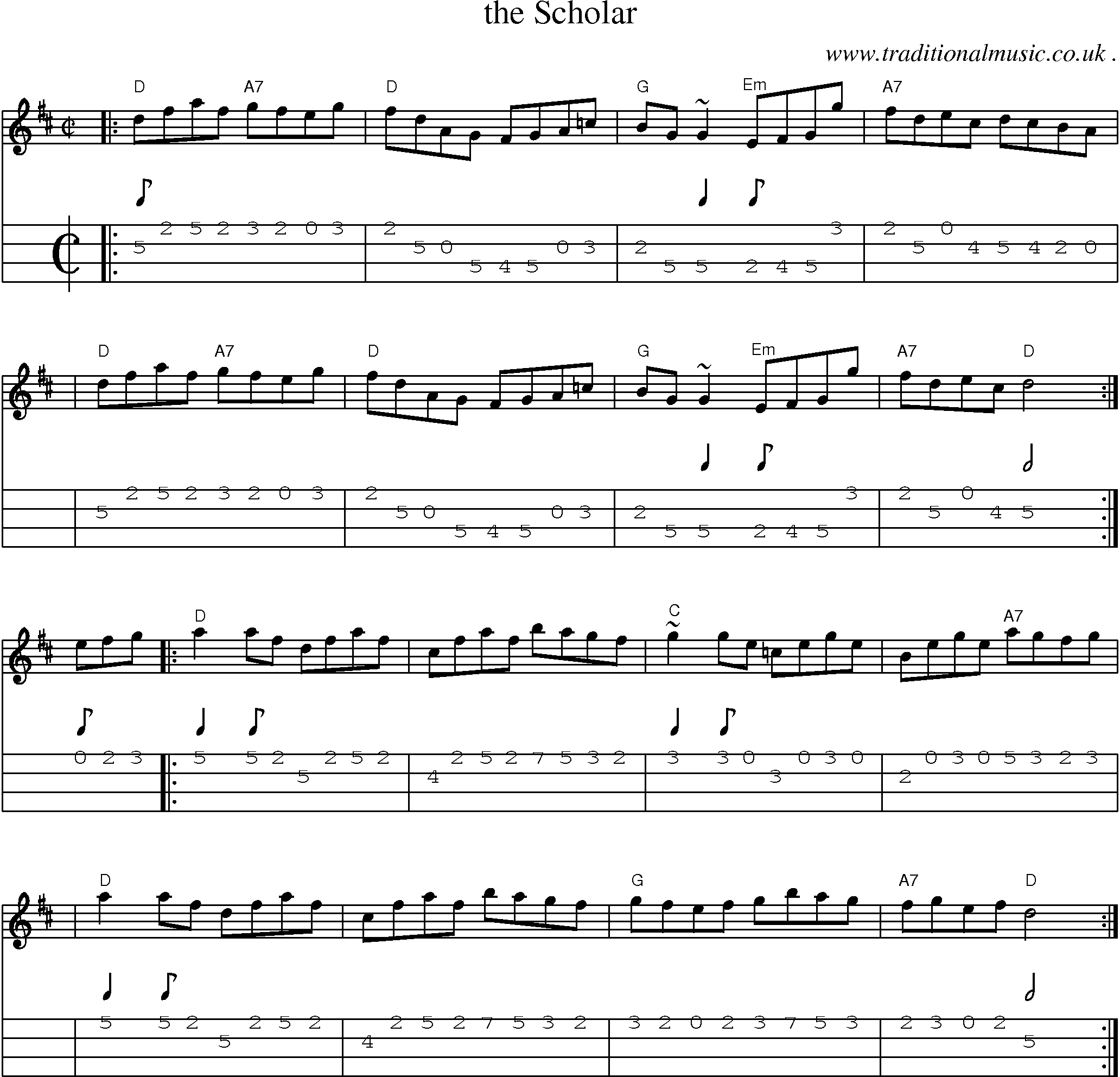 Sheet-music  score, Chords and Mandolin Tabs for The Scholar