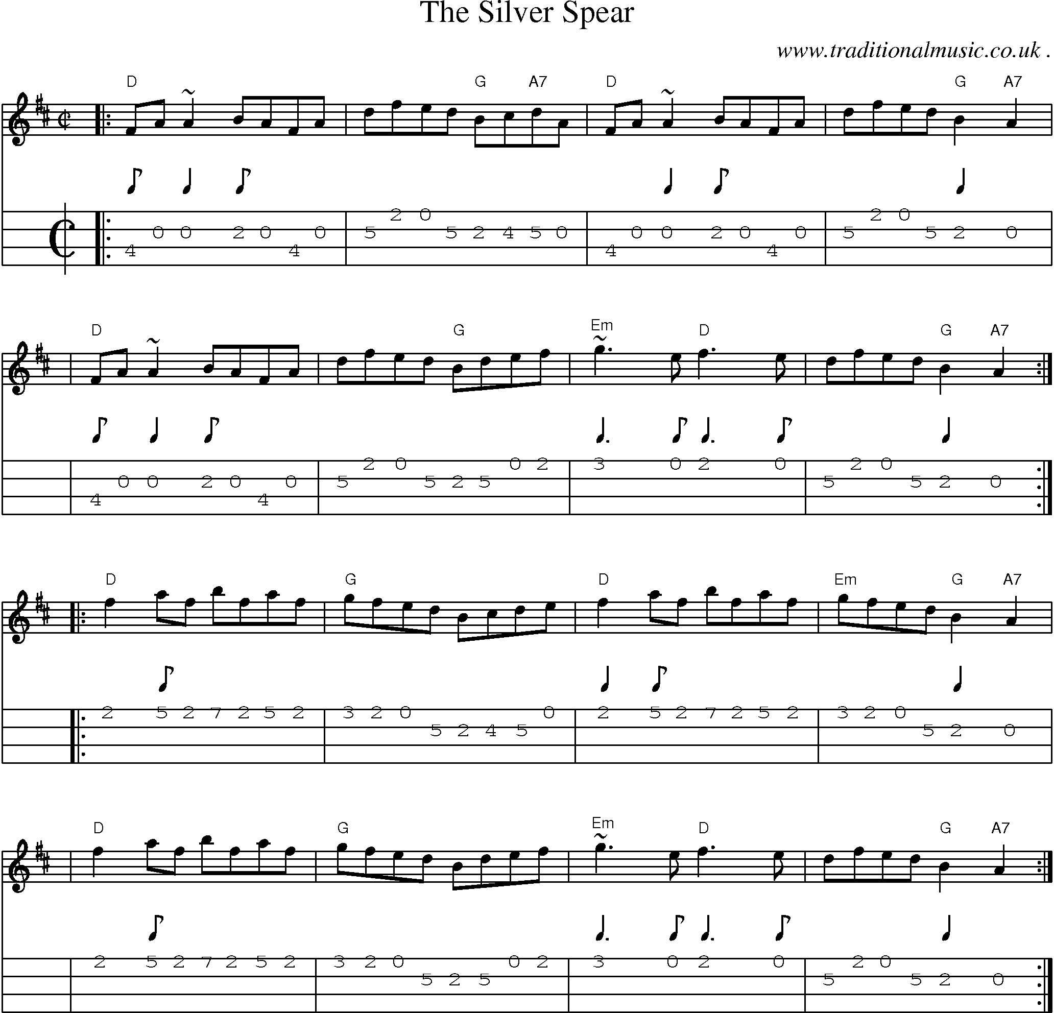 Sheet-music  score, Chords and Mandolin Tabs for The Silver Spear