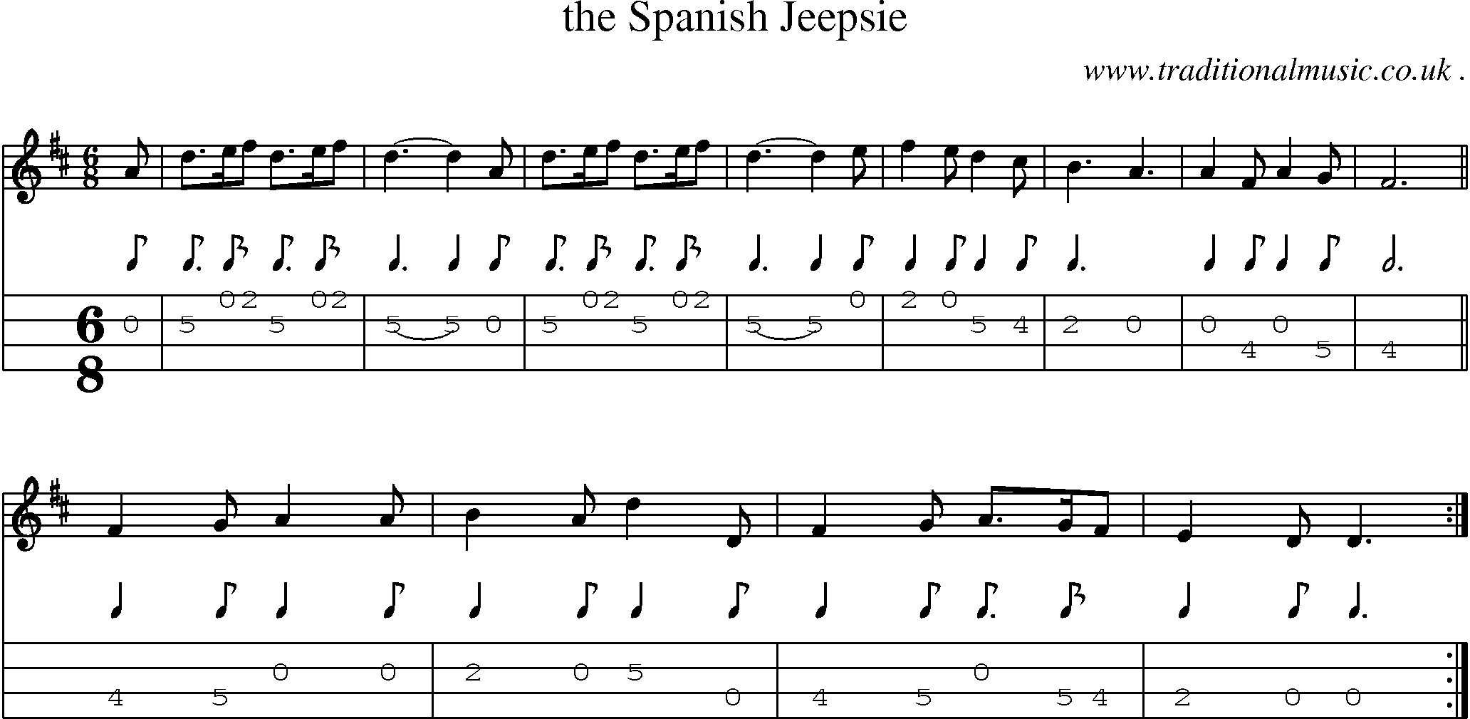 Sheet-music  score, Chords and Mandolin Tabs for The Spanish Jeepsie