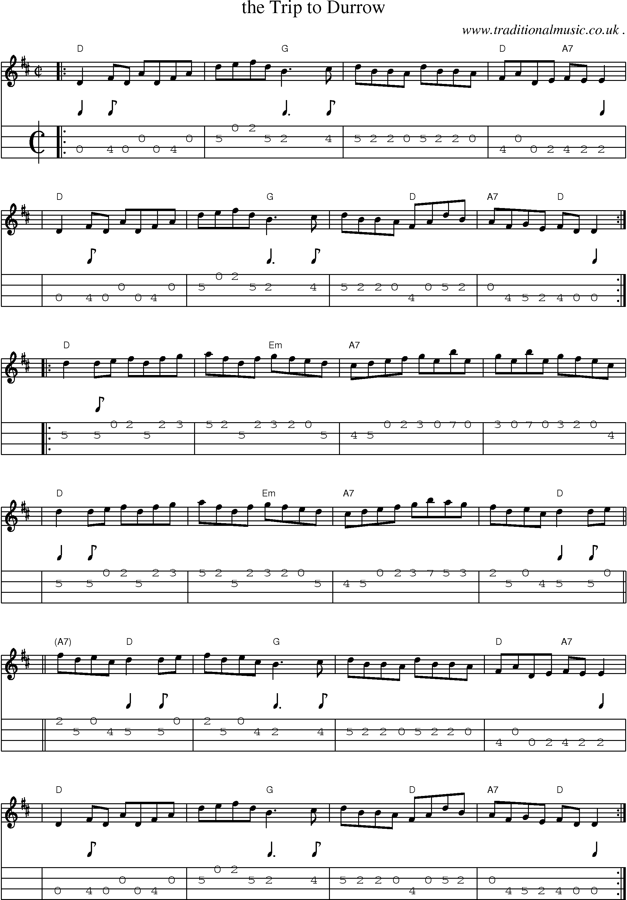 Sheet-music  score, Chords and Mandolin Tabs for The Trip To Durrow